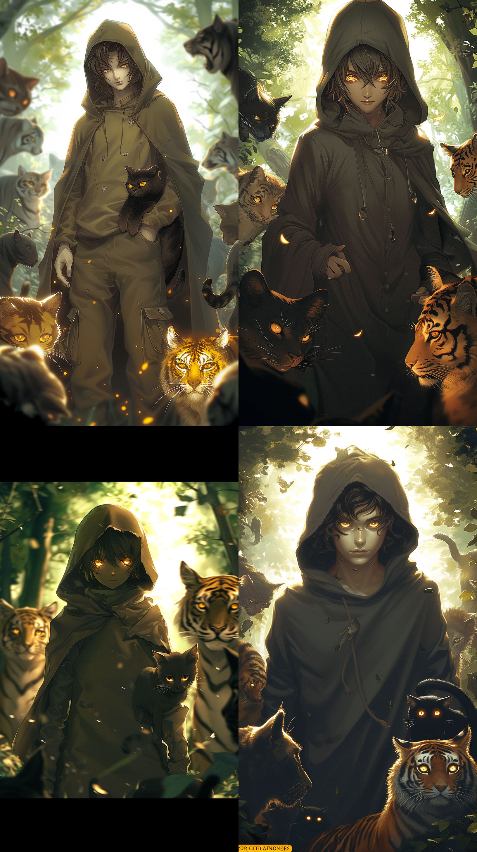 20多岁, 金色眼睛黑发, 面相成熟, 高个，大长腿，长裤, 全身, 卡通, 兜帽, 模糊背景, 多种动物环绕, 怀里金色眼瞳黑猫, 身边一只老虎，竖式构图, 森林场景,
