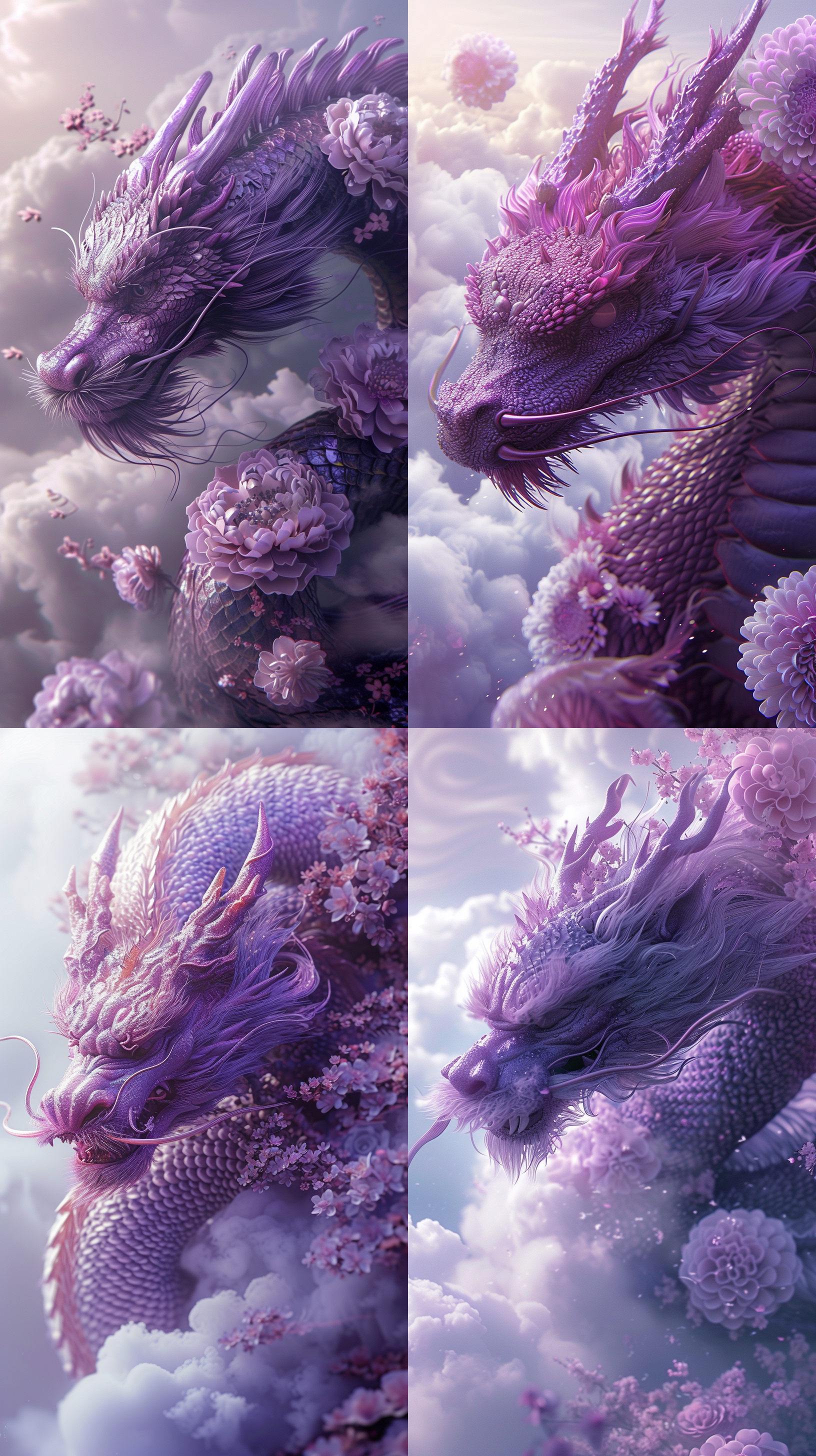 prompt. 亚洲龙，紫色，被白云环绕，繁花簇拥，虚幻超现实主义风格，创新的角色设计，peter gric风格，特写，todd mcfarlane风格，单色调，3d效果，ar 9:16，v 6.0，s 250。