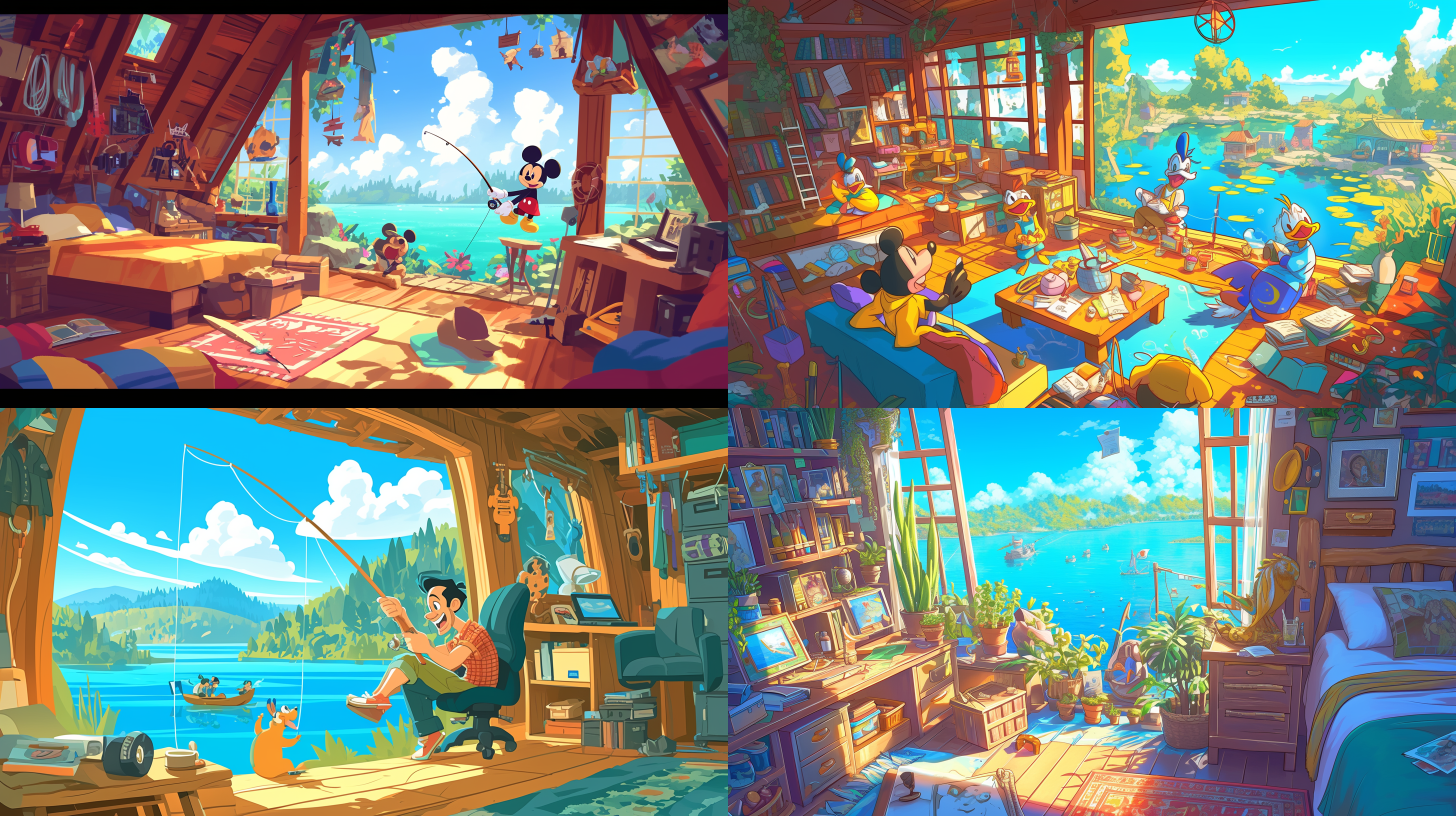 卡通迪士尼角色在湖畔钓鱼，远景中展示湖泊和河流。线稿风格，明亮色彩，笑容满面，快门速度适中，镜头选择广角，轻松愉快的氛围。 卡通 迪士尼 美院派室内 俯视 卧室