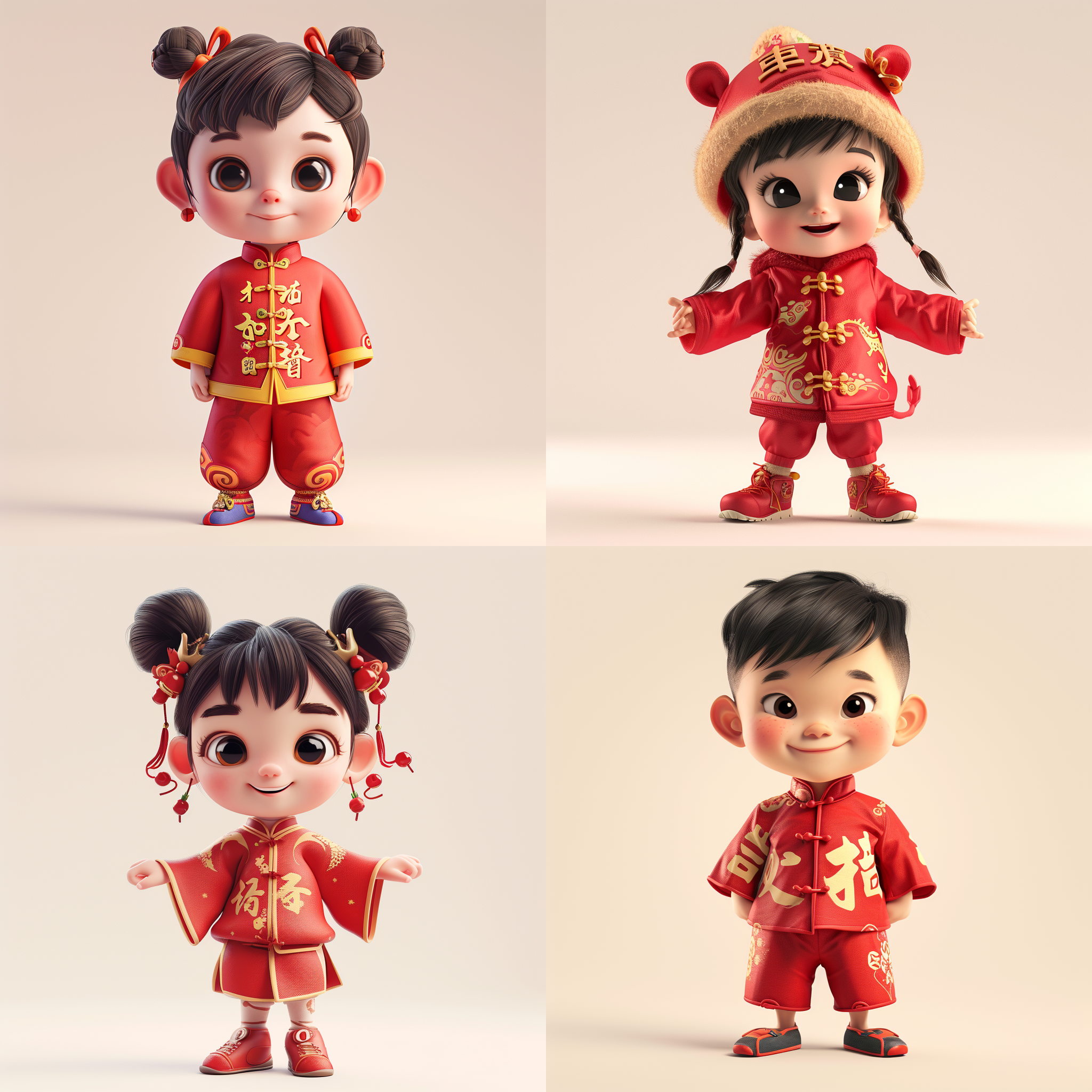 孩子穿着红色装束，中国字样，vray风格，卡通化设计，32k uhd分辨率，龙文艺术，浅米白白色背景，高对比度阴影，可爱色彩丰富。