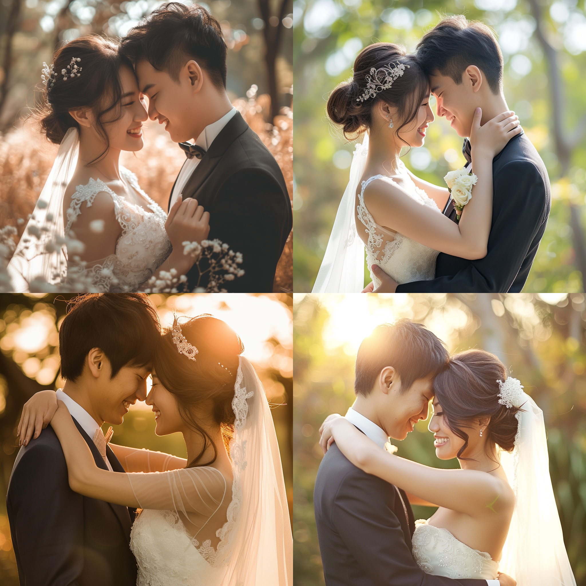 prompt. 亚洲新婚夫妇，户外风景，浪漫色调，长焦镜头，自然光，微笑，唯美，绝美婚纱照。