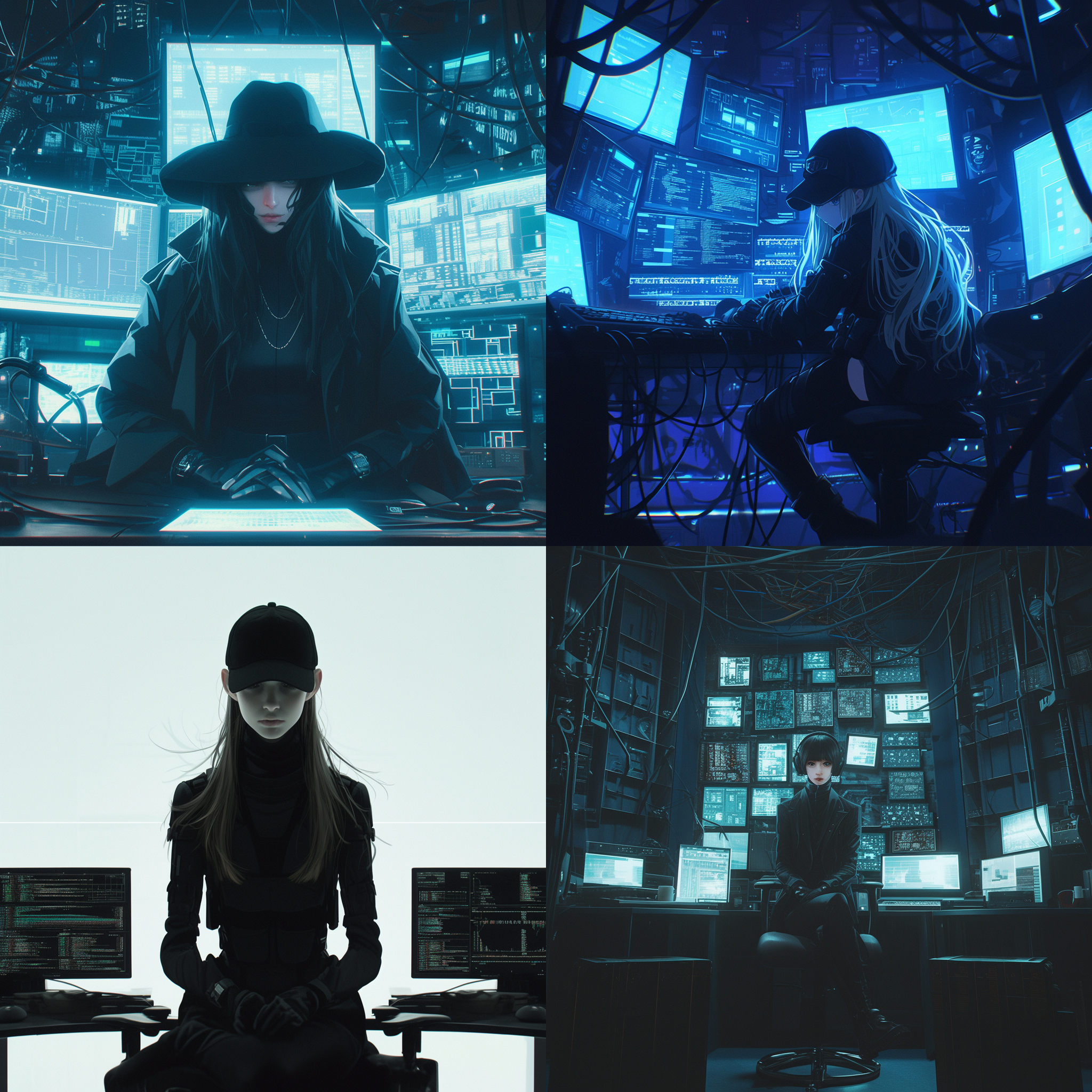 少女坐在黑暗的房间里，她身穿黑色紧身衣，头戴黑色帽子，戴着黑色手套，面容冷漠。房间布满科技设备和计算机屏幕的光芒。照片采用高对比度和饱和度，突出暗黑超自然的氛围。底部有代码和数字的投影，增加黑客元素。