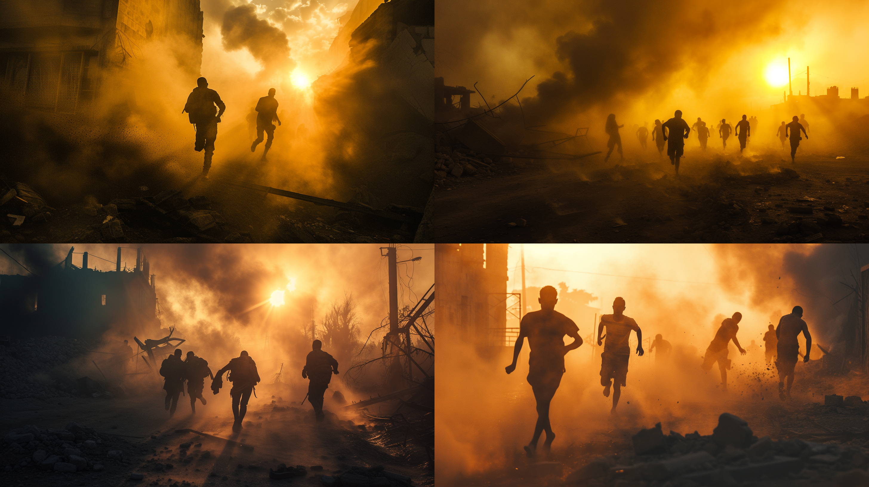 废墟中的幸存者，逃离爆炸，狼烟四起，污浊灰尘，夕阳余晖，长焦镜头，背光，奔跑，毅力，希望，暗黑色调。