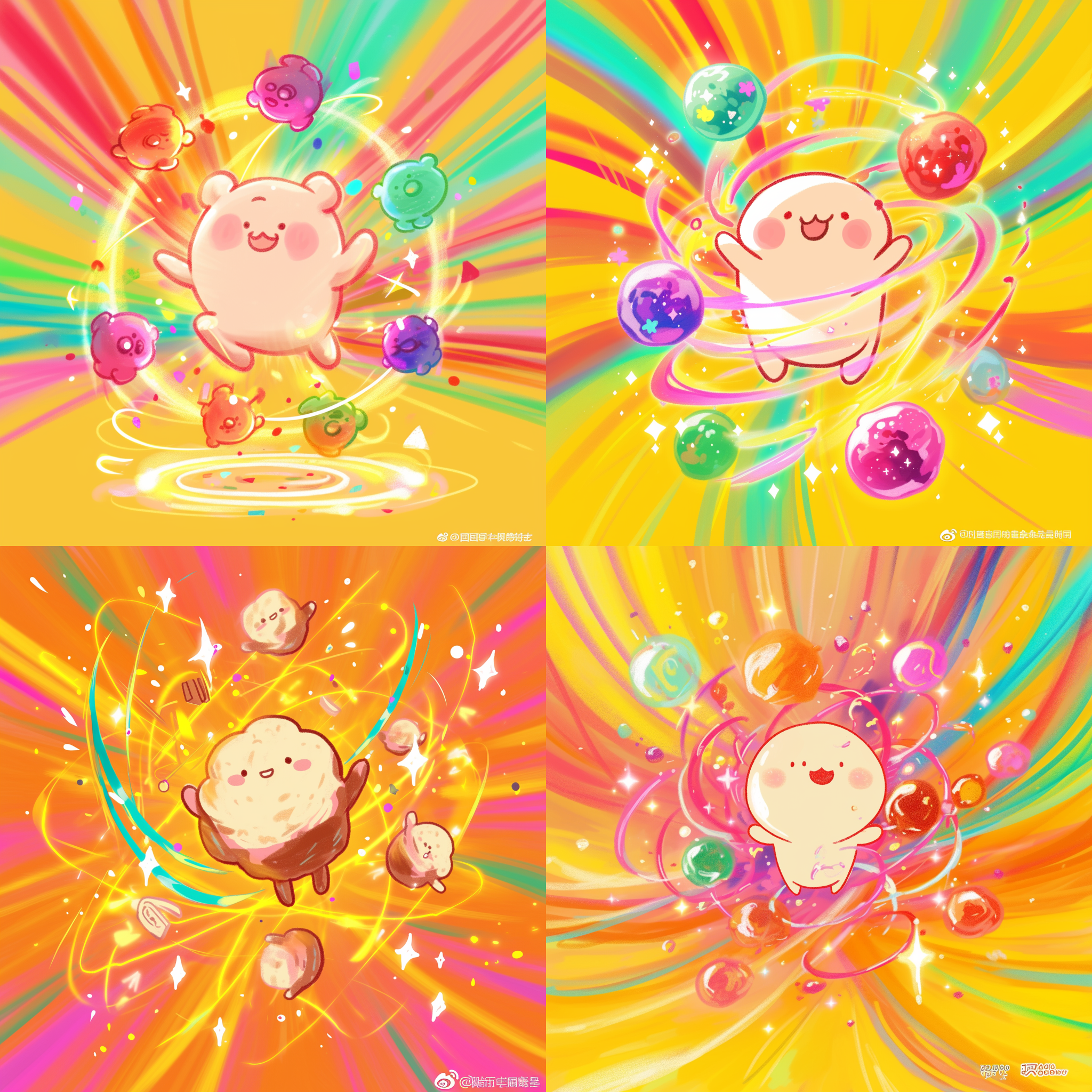 手绘肉丸子跳跃，色彩绚烂，光芒四射。开心表情，萌萌哒风格，快门速度快，柔和侧光，低角度拍摄，暖色调，抓拍。
