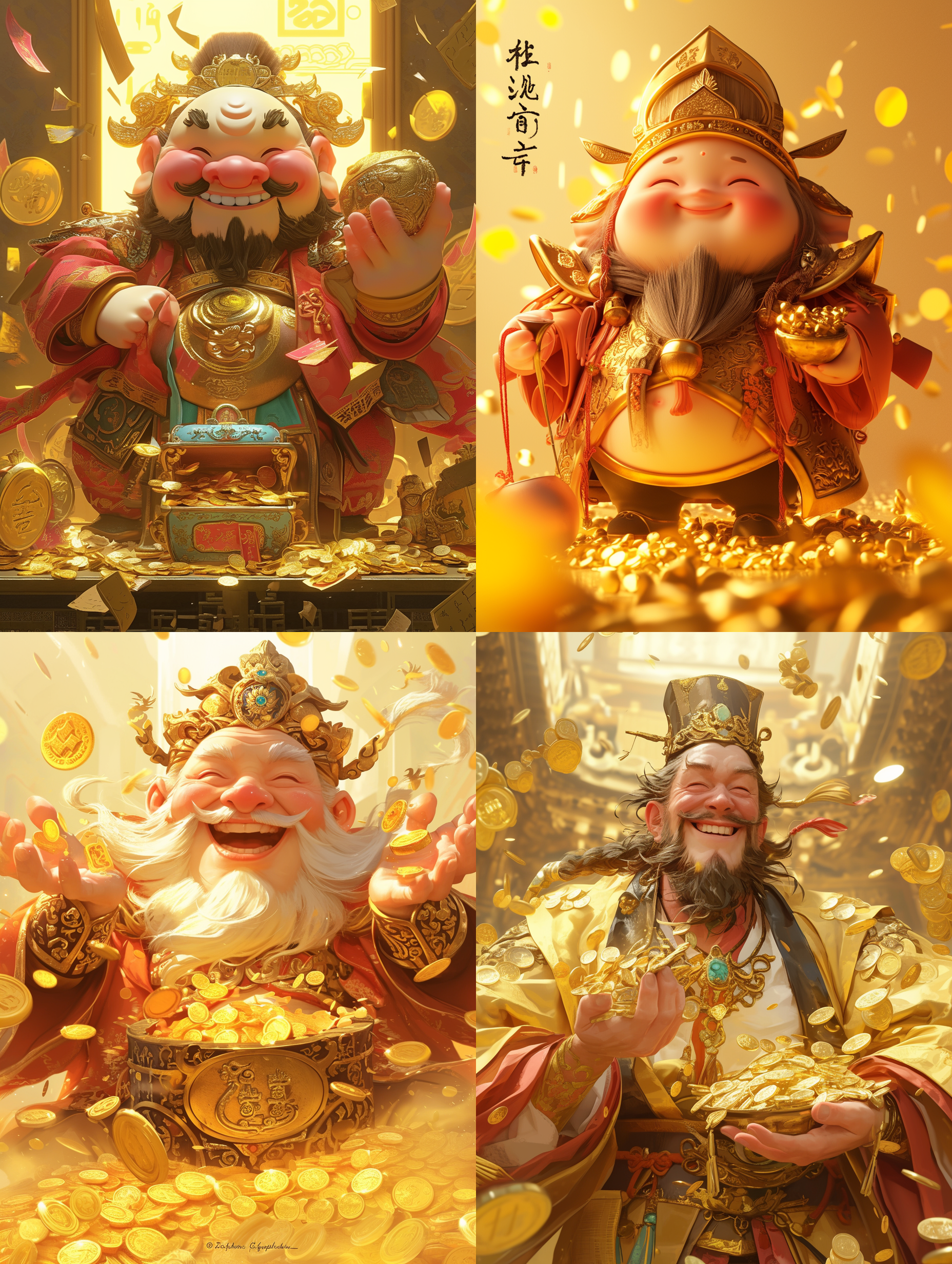 ip形象设计，中国式财神，全身华丽的金色袍子，头戴古代官帽，脸带笑容，手捧聚宝盆，聚宝盆排版字，并以短句写着：“招财进宝”，模糊金银背景，超精细设计，超清晰外观设计，超逼真，可爱风格，梦幻引擎，3d数字渲染，最佳画质，大师级杰作，金色和银色，中心构图，