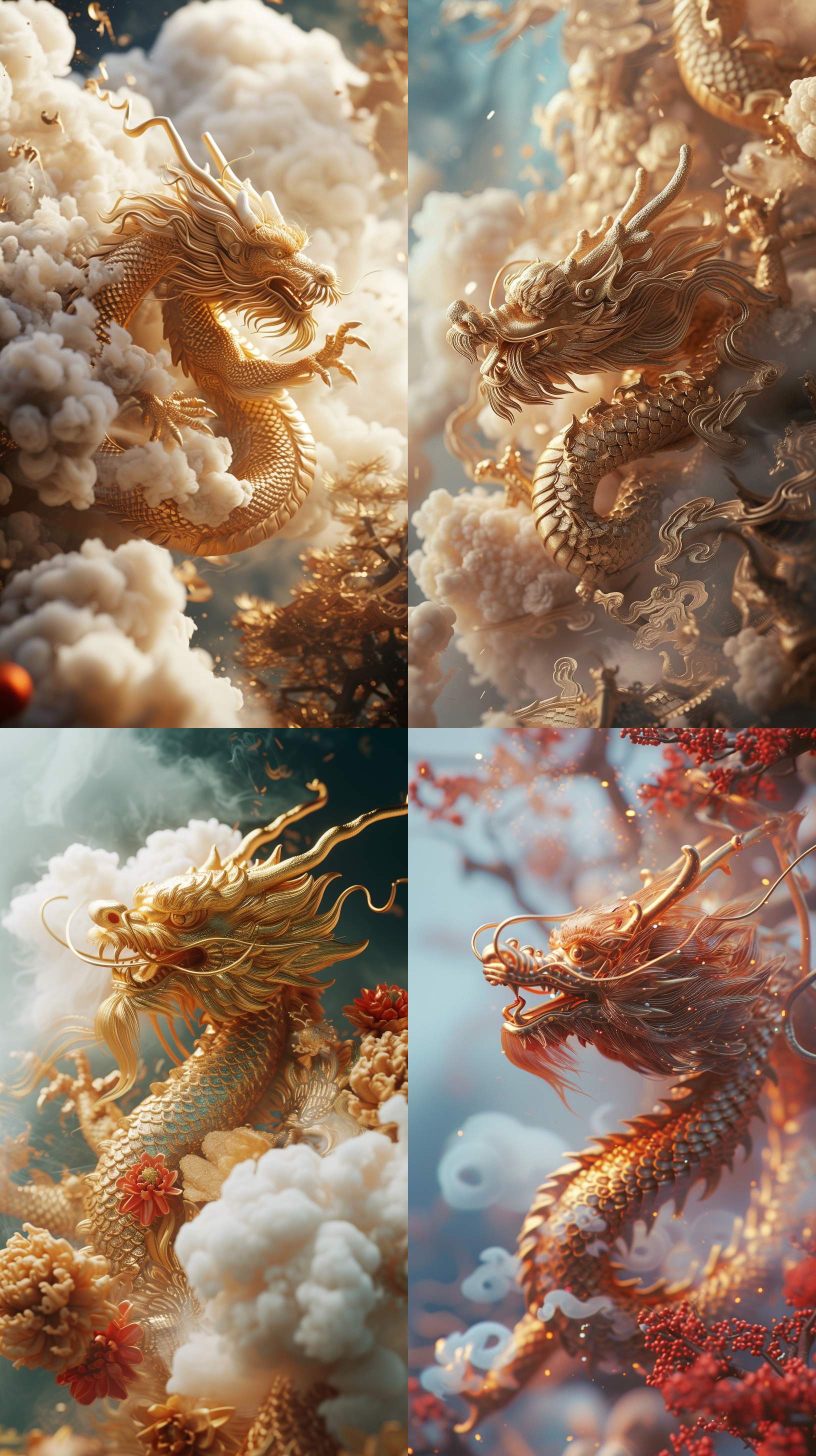 精美壁纸设计：神话中的生物，金龙，献瑞祥，祥云，新年氛围，中国新年，新年元素，3d，数字渲染，色彩丰富，超逼真，超真实，超精细设计，超清晰外观设计，梦幻引擎，梦幻云雾细节，细节狂魔，视频拍摄，全景摄影，明亮的光线，最佳画质，8k,uhd，莱卡镜头