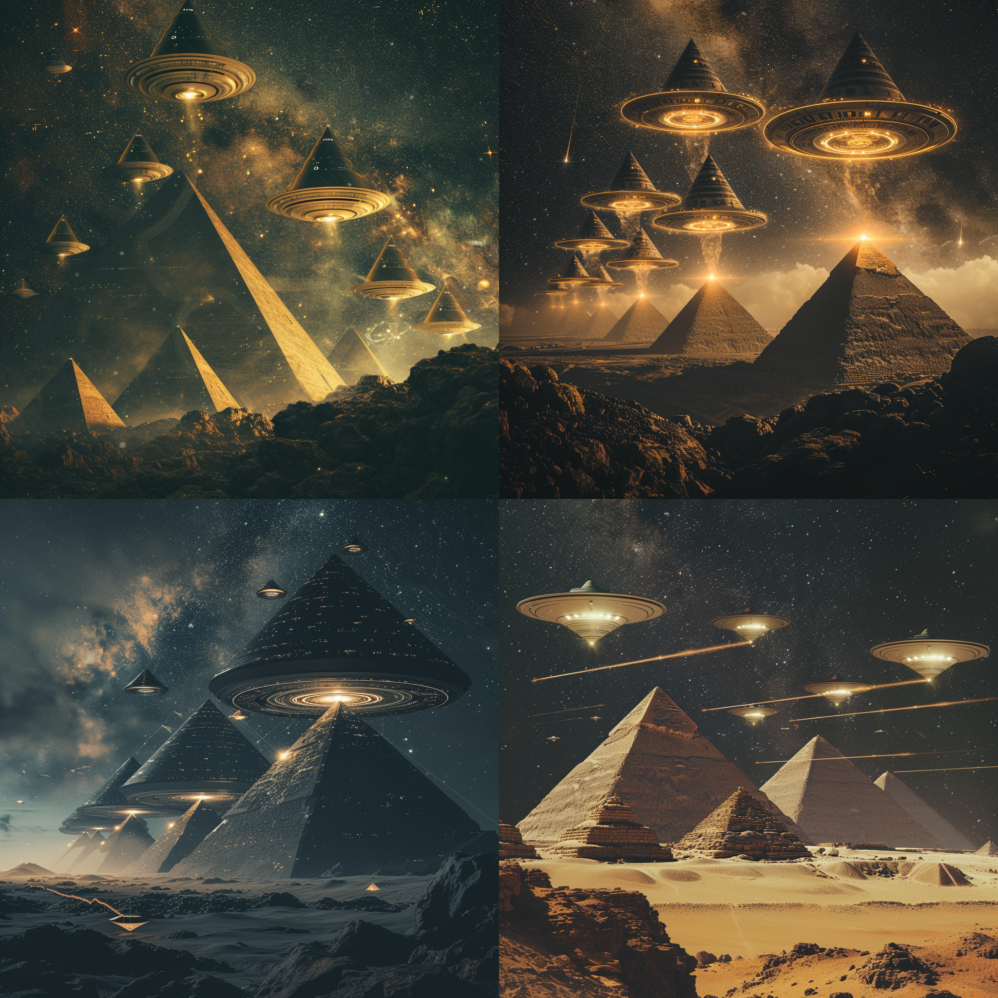 prompt. 多个大小不一的金字塔在星空下，多个圆形银色ufo，夜晚，长焦镜头，光轨，神秘，科幻，暗黄色调，震撼。
