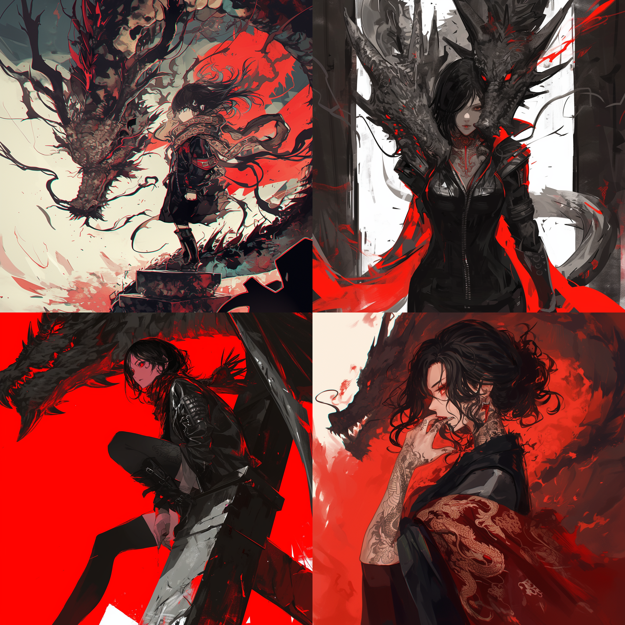 prompt. 龙纹身女孩, 黑皮衣, 披肩黑发, 坚毅神秘, 石柱构图, 神圣古老, 黑红调, 细节丰富, 全身构图, 中焦镜头, 静态, 镜面反射, 冷峻。美漫风格