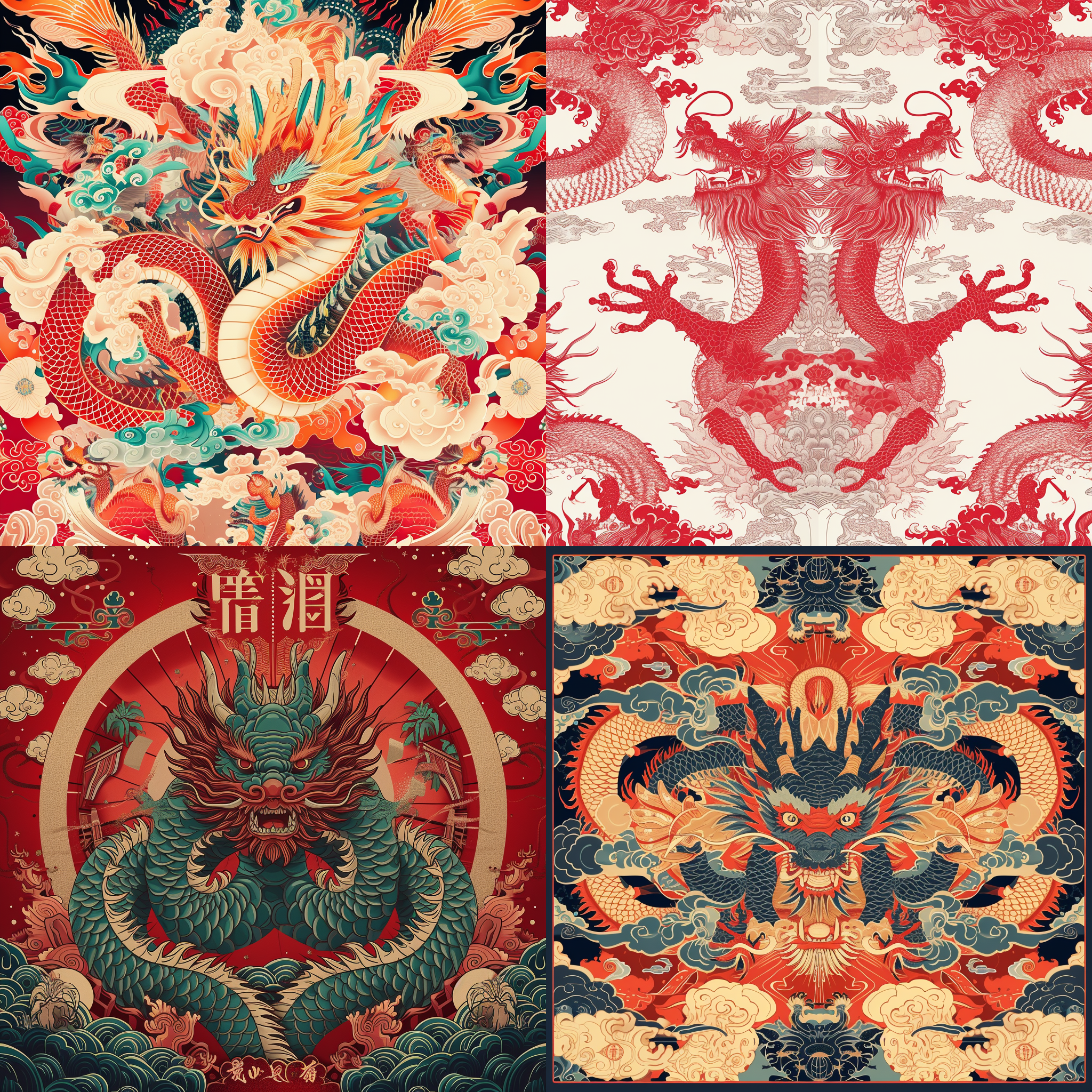 龙年贺年海报，龙图案，新年祝福语，超高清，超多细节，浮世绘中国风，红色主调，对称构图，宽幅画面，明亮光线，华丽装饰，喜庆氛围。
