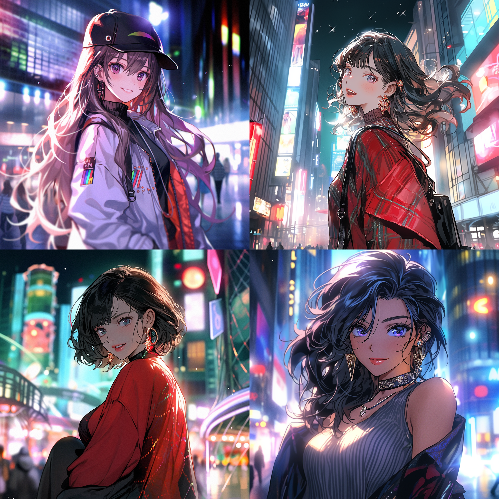 动漫风，艳大方的少女，站在城市霓虹灯下，背景是高楼大厦。她穿着时尚的衣服，戴着夸张的耳环，自信地微笑着。照片使用广角镜头，捕捉到她的活力和青春。色彩鲜艳，对比强烈，充满了动感和活力，让人感受到她的魅力和自信。 海报风格 宣传海报