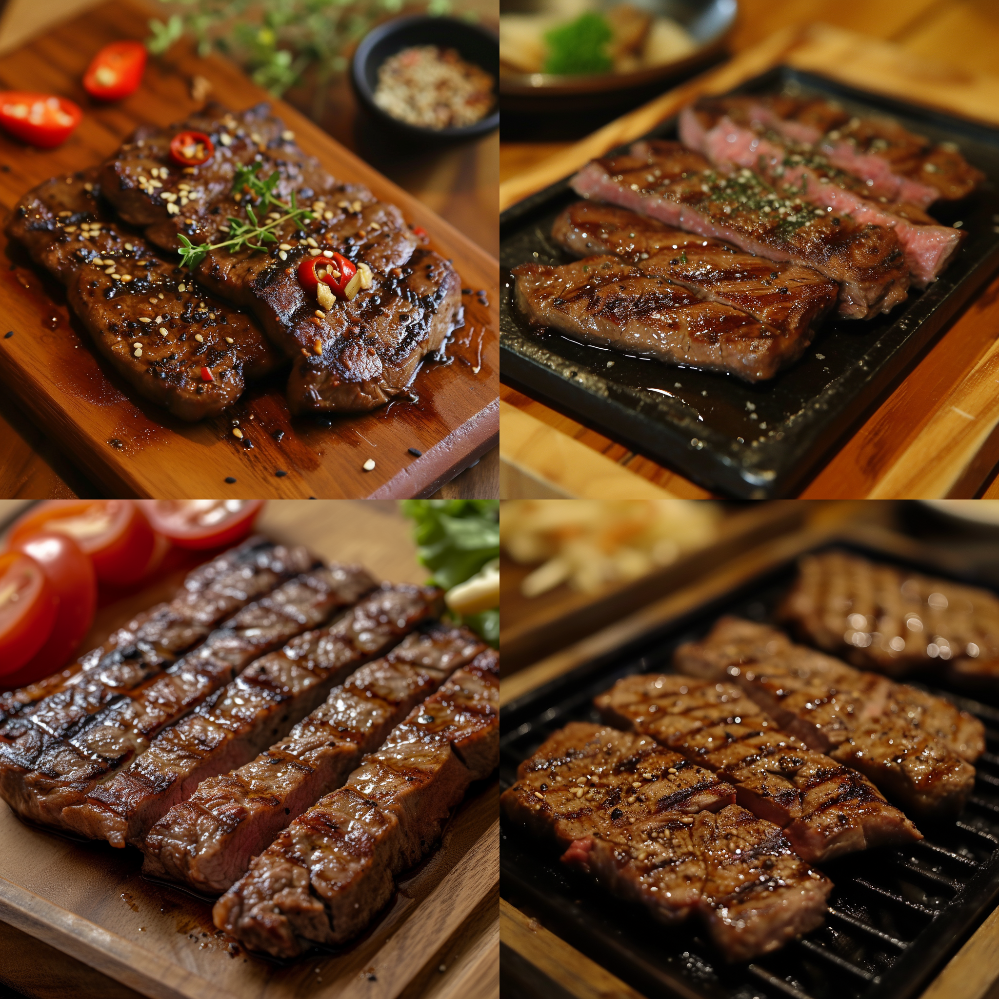 prompt. 西冷牛排，高角度俯视，木质桌面，中性色调，特写镜头，自然光，烤熟，肉质细腻，诱人香气，饱满。