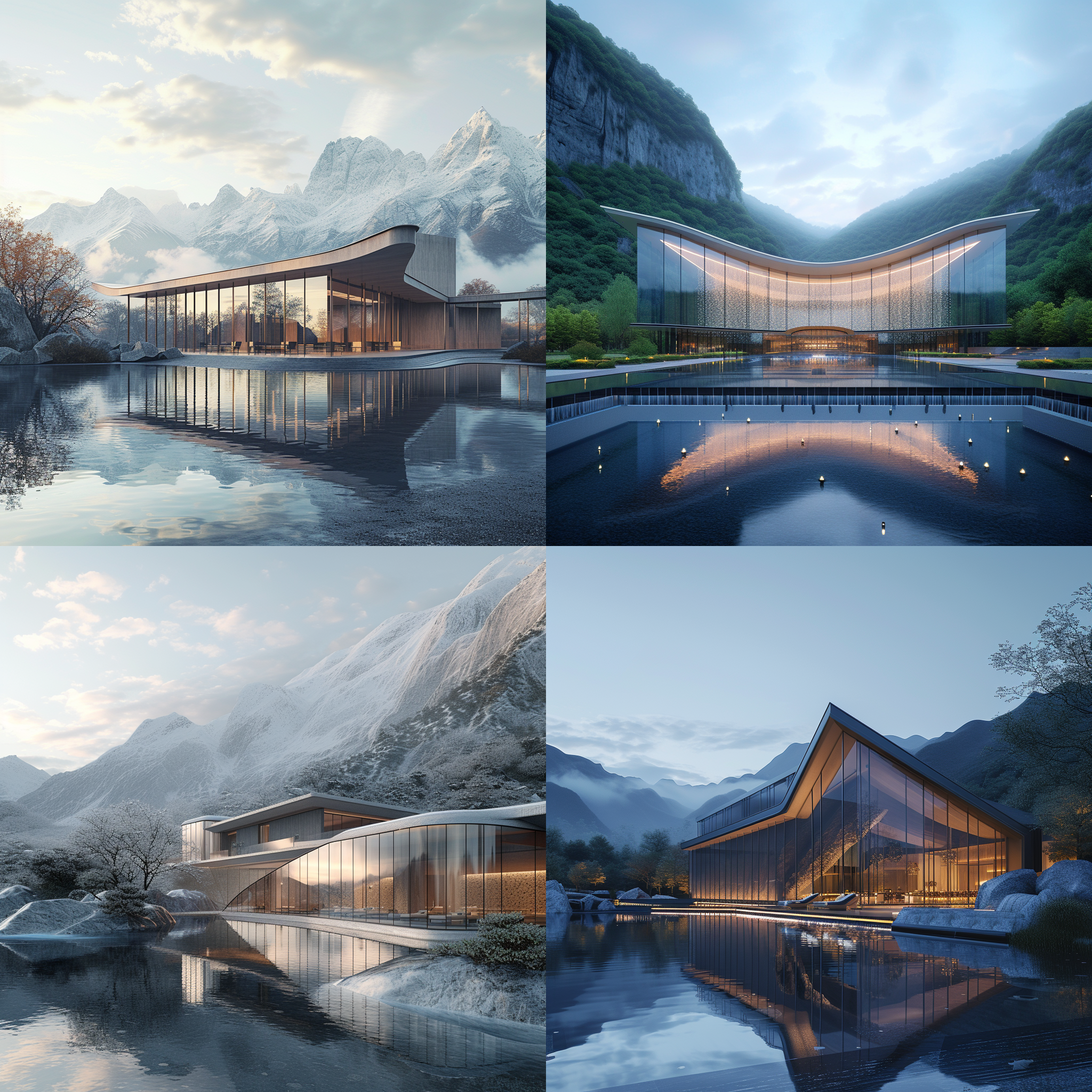 建筑设计在山野间里，以水滴的外形为主题。构图对称且简洁，风景宜人，拍摄使用8k超高清技术。建筑物呈现现代风格，玻璃幕墙反射周围的自然景色。太阳光线柔和而温暖，给整个场景增添了生机和活力。