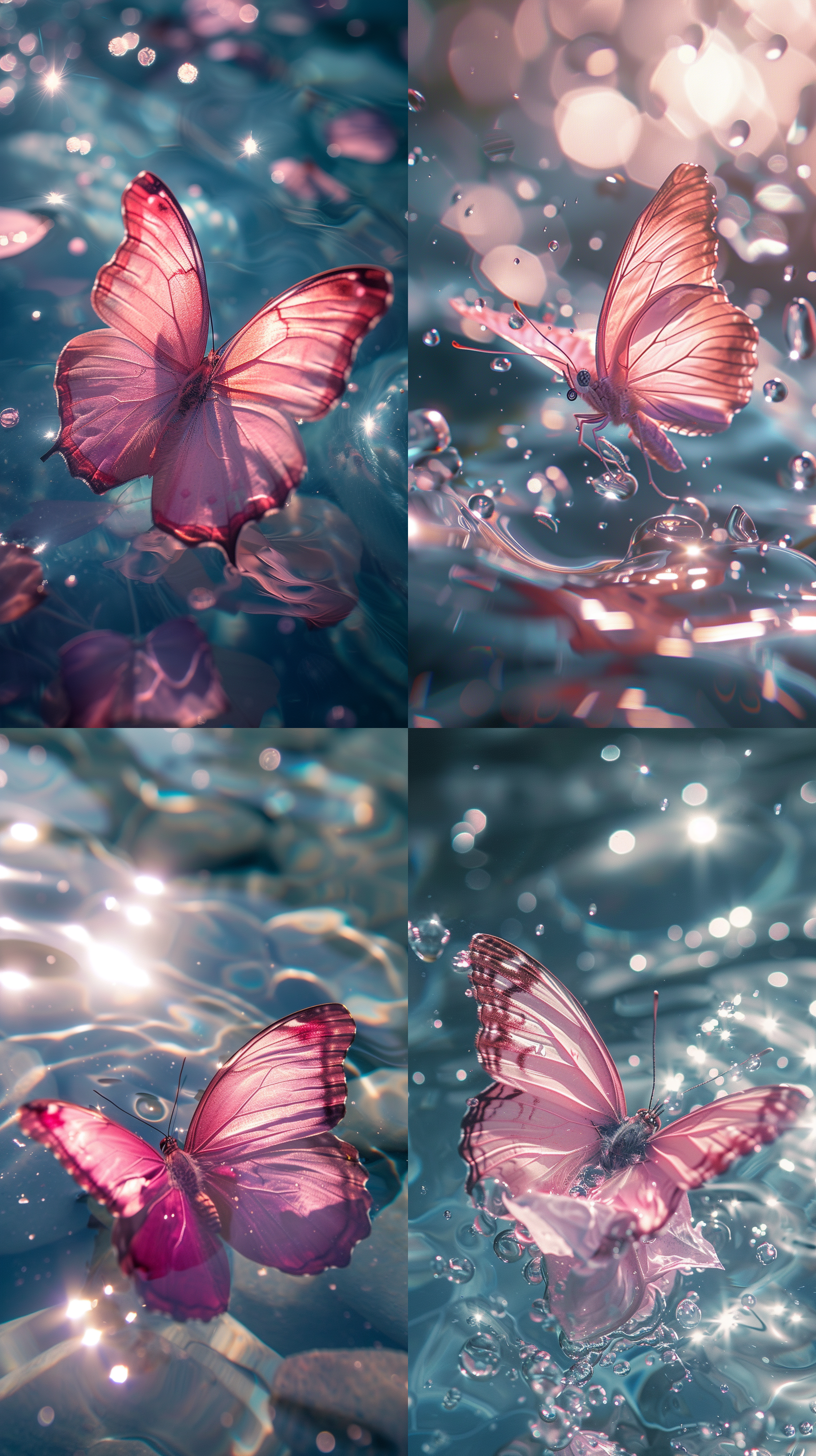 水中粉红蝴蝶像花朵一样沉浮堆积，蝴蝶细节丰富，翅膀半透明，阳光明媚，光斑在水上闪耀，光斑在翅膀上闪烁，光影细节丰富，夏日清凉， 微观视角 粉 艳蓝 流体 镜头光晕 太阳光 阳光照射 光粒子 极限特写 俯视