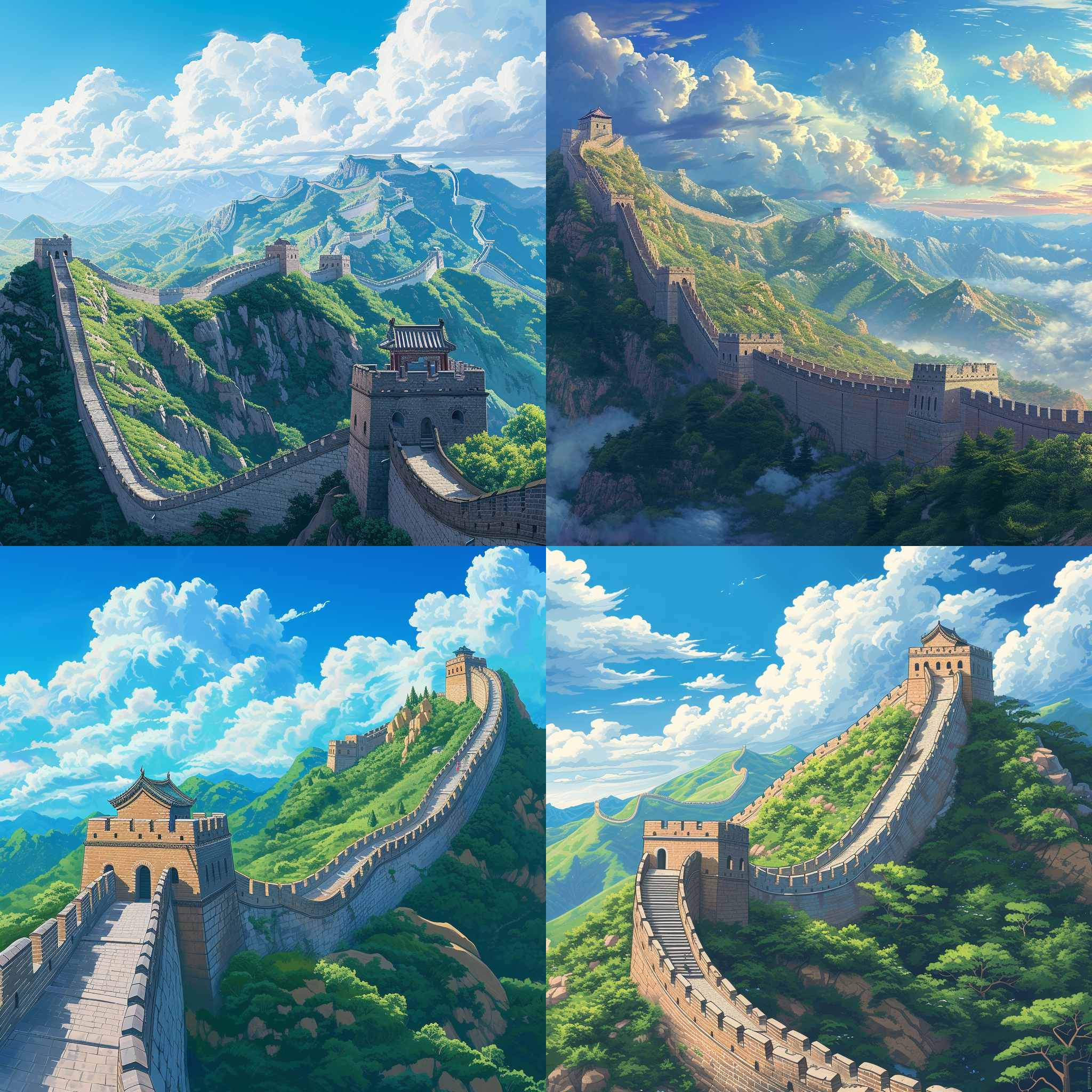 万里长城，国风插画，夏日风情，航拍视角，蓝天白云，壁纸风格，细节丰富，远景近景对比，明亮色调，传统元素，宏伟壮观，自然光线，和谐平衡，宁静感，历史底蕴。