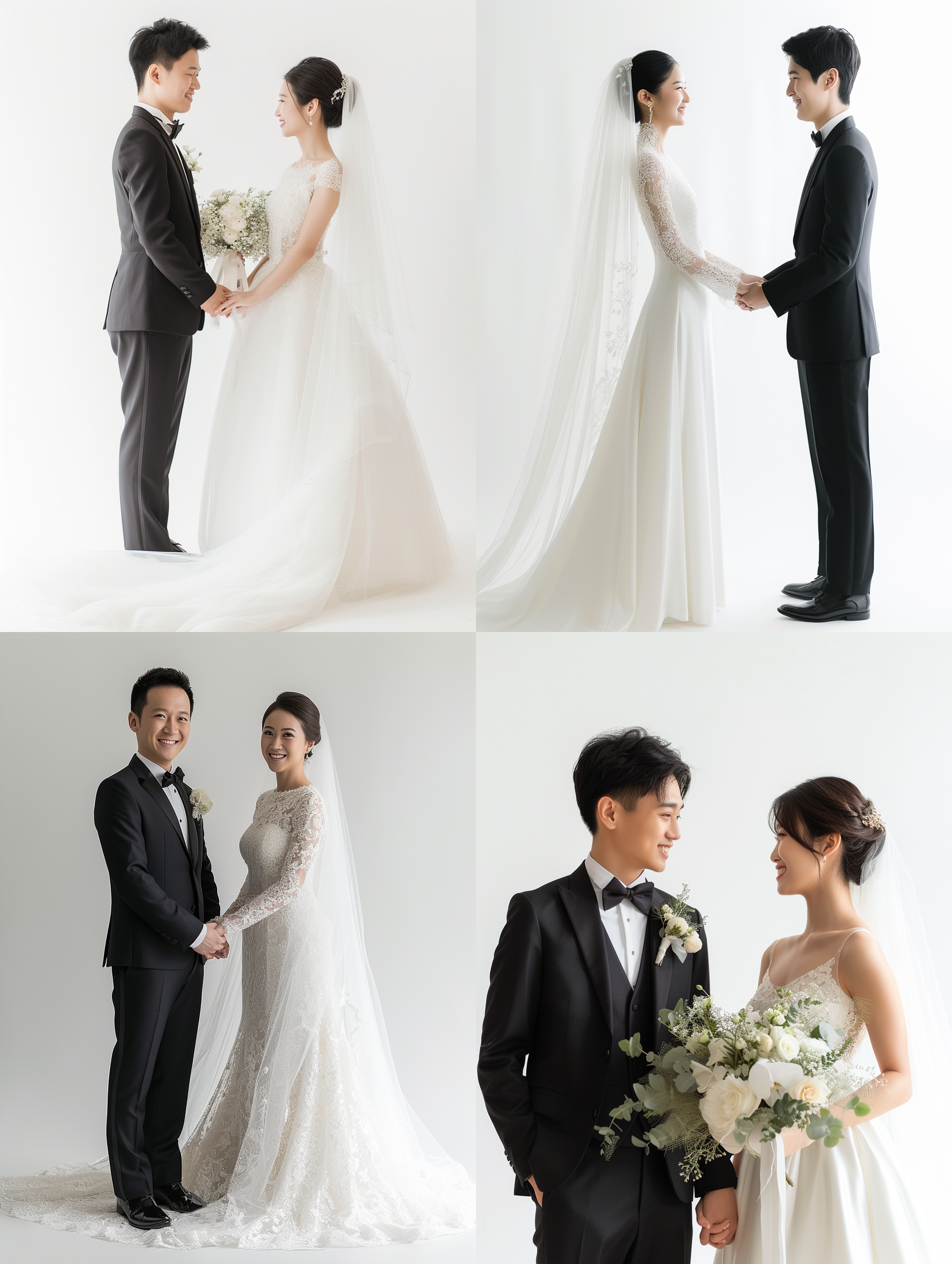 亚洲新娘和新郎手牵着手，白色背景，优雅的服装，端庄的姿势，浅白色和浅黑色，简约优雅的风格，8k uhd，逆光，纱质面料，微笑，温馨。