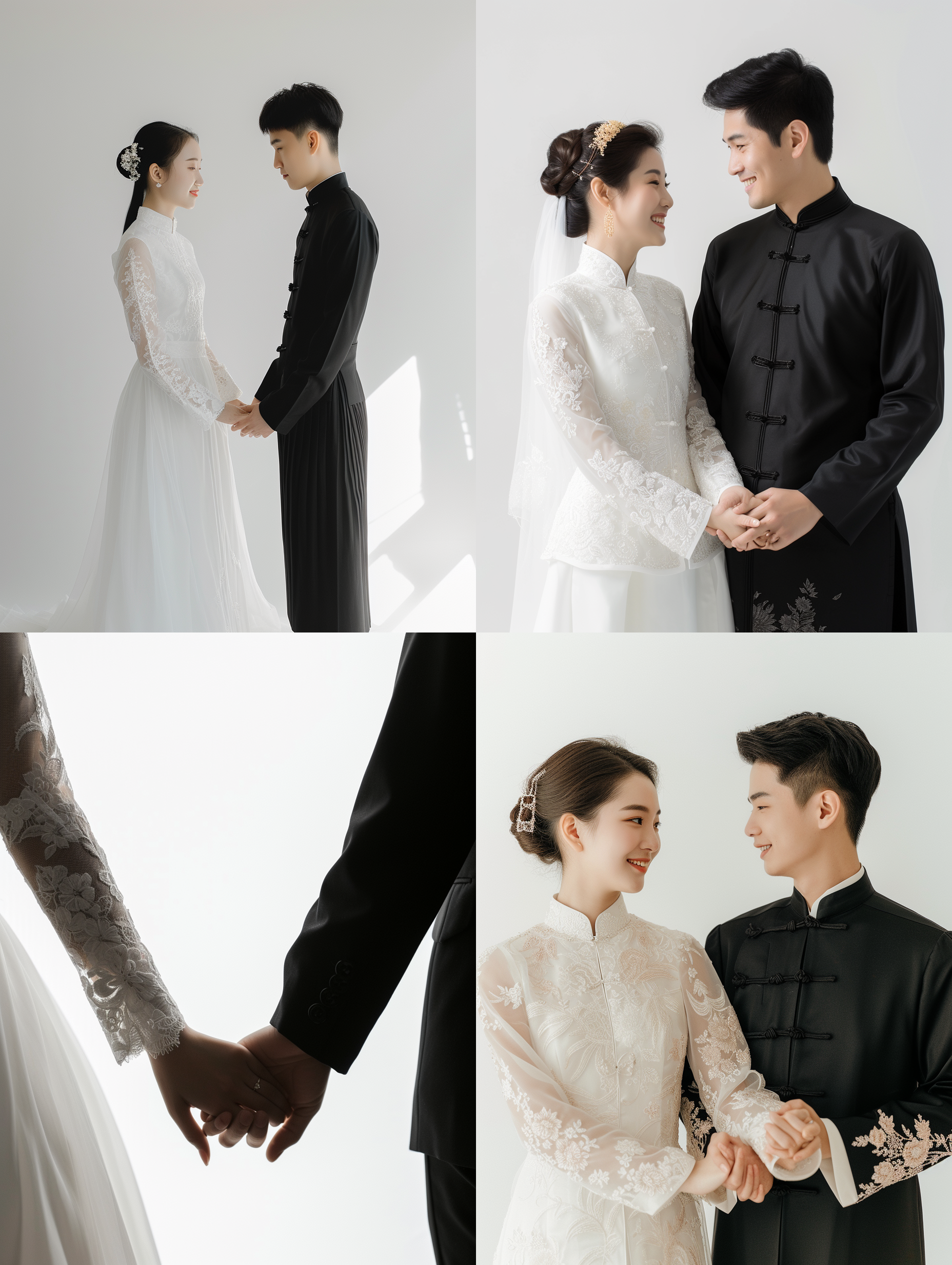 prompt. 亚洲新娘和新郎手牵着手，白色背景，华丽刺绣服装，端庄的姿势，快乐幸福，浅白色和浅黑色，简约优雅的风格，8k uhd，逆光，纱质面料，微笑，温馨。