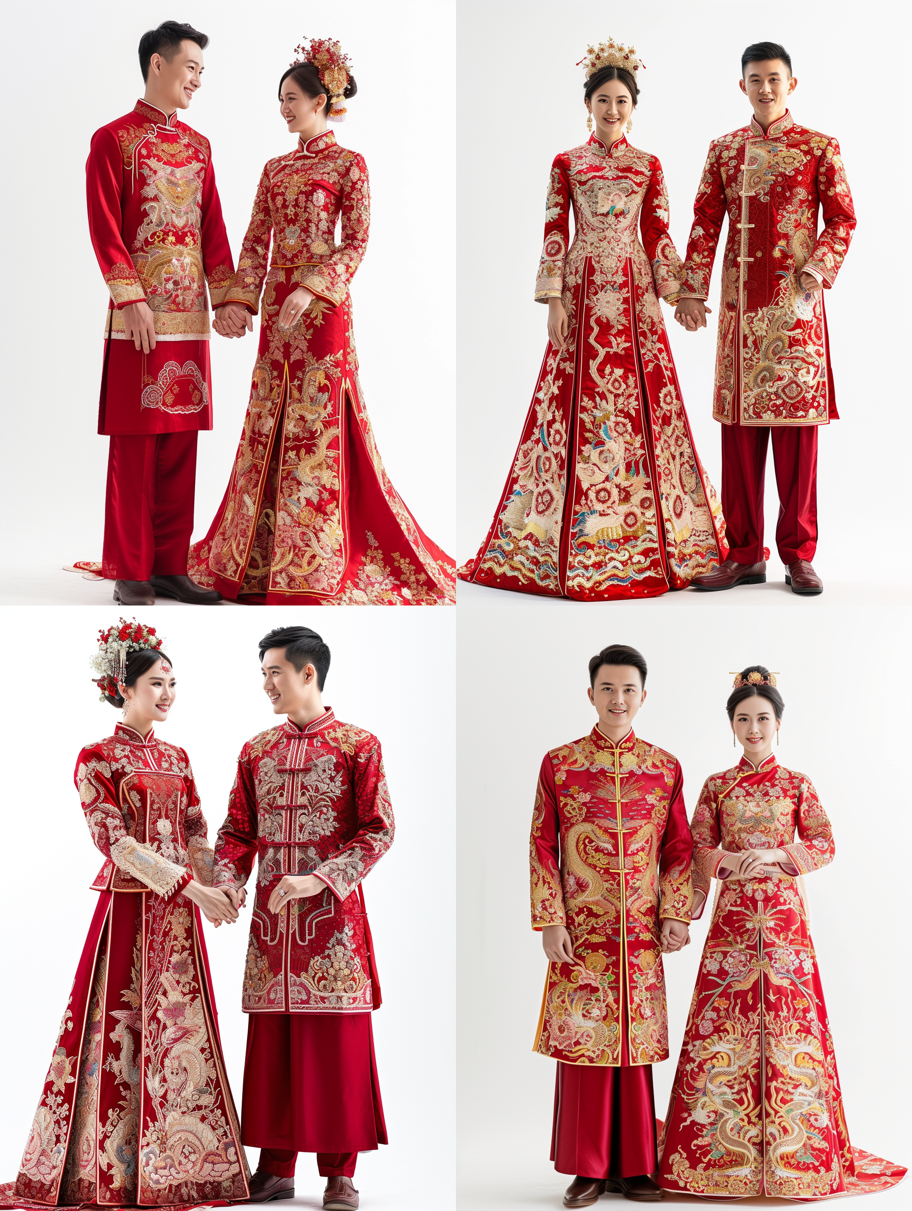 prompt. 亚洲新娘和新郎手牵着手，全身像，白色背景，传统华丽刺绣服装，红色，端庄的姿势，快乐幸福，优雅的风格，8k uhd，逆光，温馨。