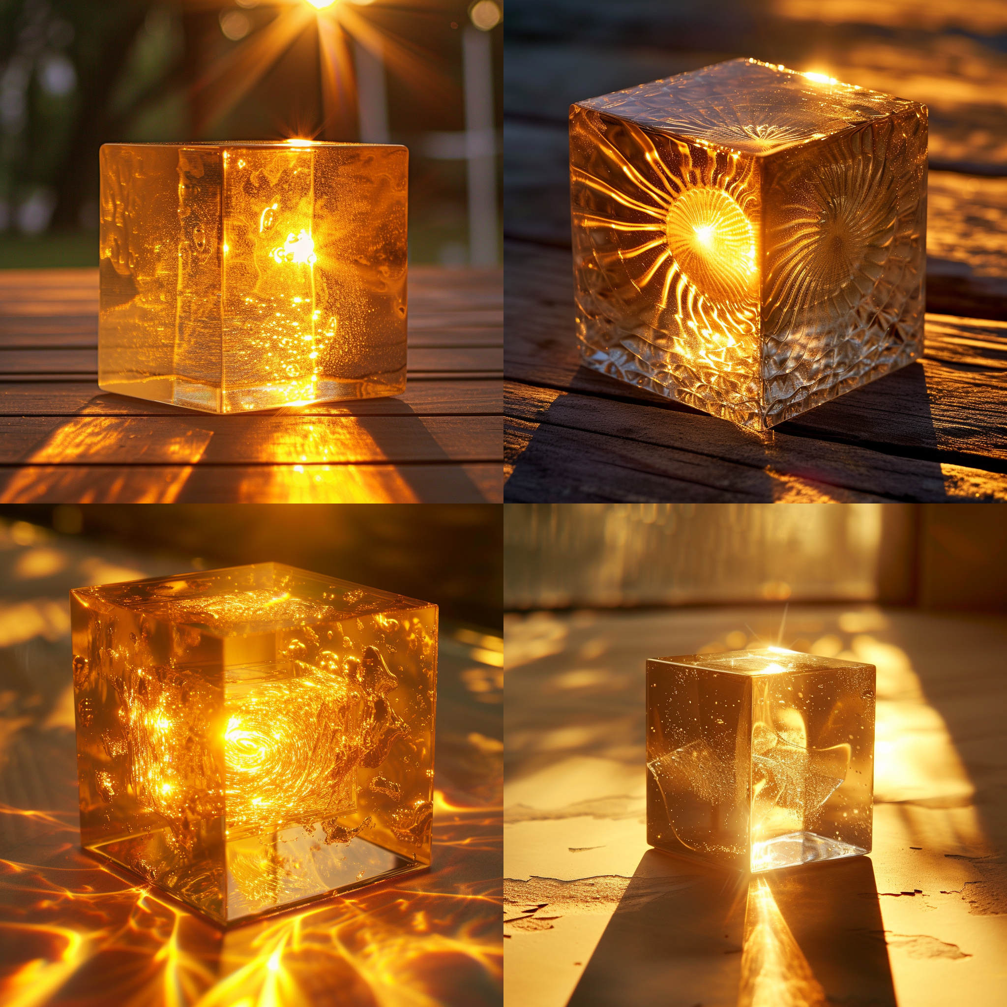 prompt. 太阳在透明玻璃立方体内，微距镜头，金黄色调，光线折射，细节丰富，夺目。