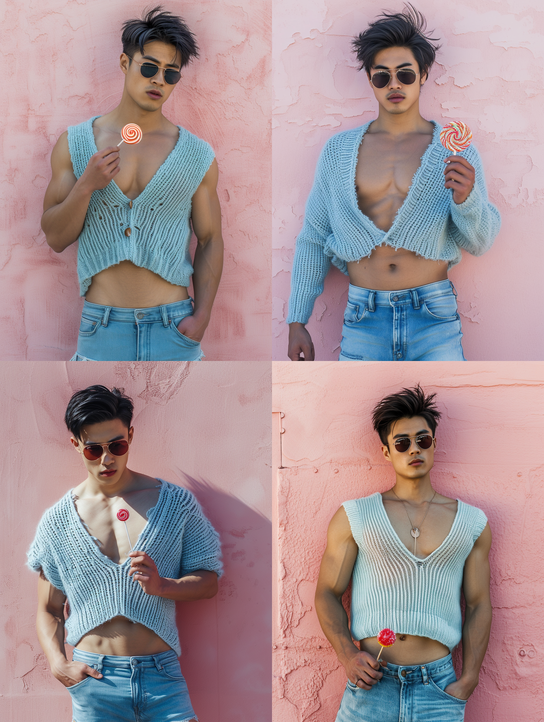 英俊的亚洲男人，牛仔短裤，大v领针织衫，肌肉，墨镜，拿着棒棒糖，精致的发型，逼真的摄影风格，丰富的细节