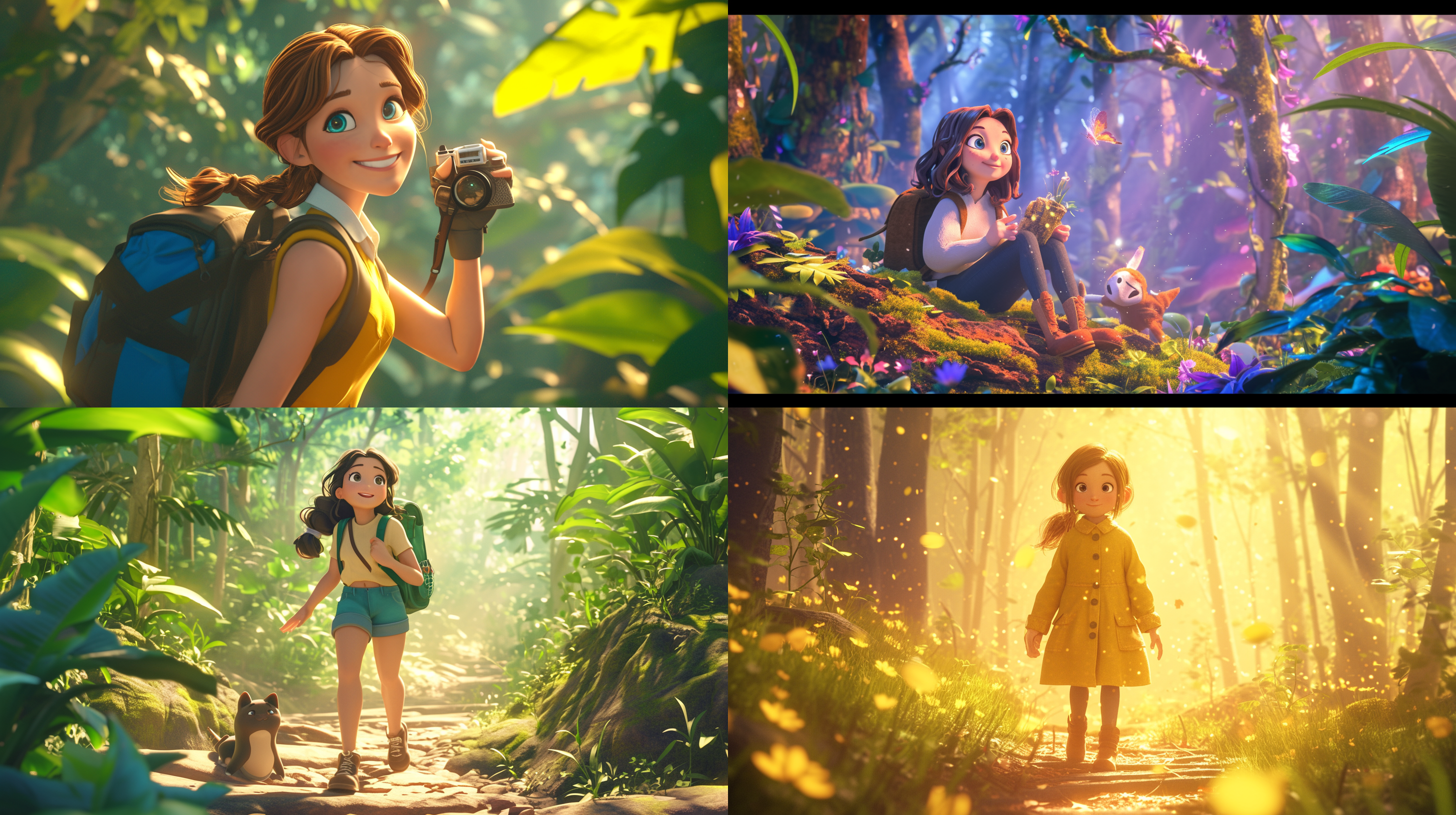 prompt. 9岁小女孩在森林中探索，迪士尼动画风格，c4d渲染器，全身像镜头，黏土雕塑材质，电影照明，4k高质量，多细节，高清，好奇表情，彩色环境，梦幻般的色彩，快乐。