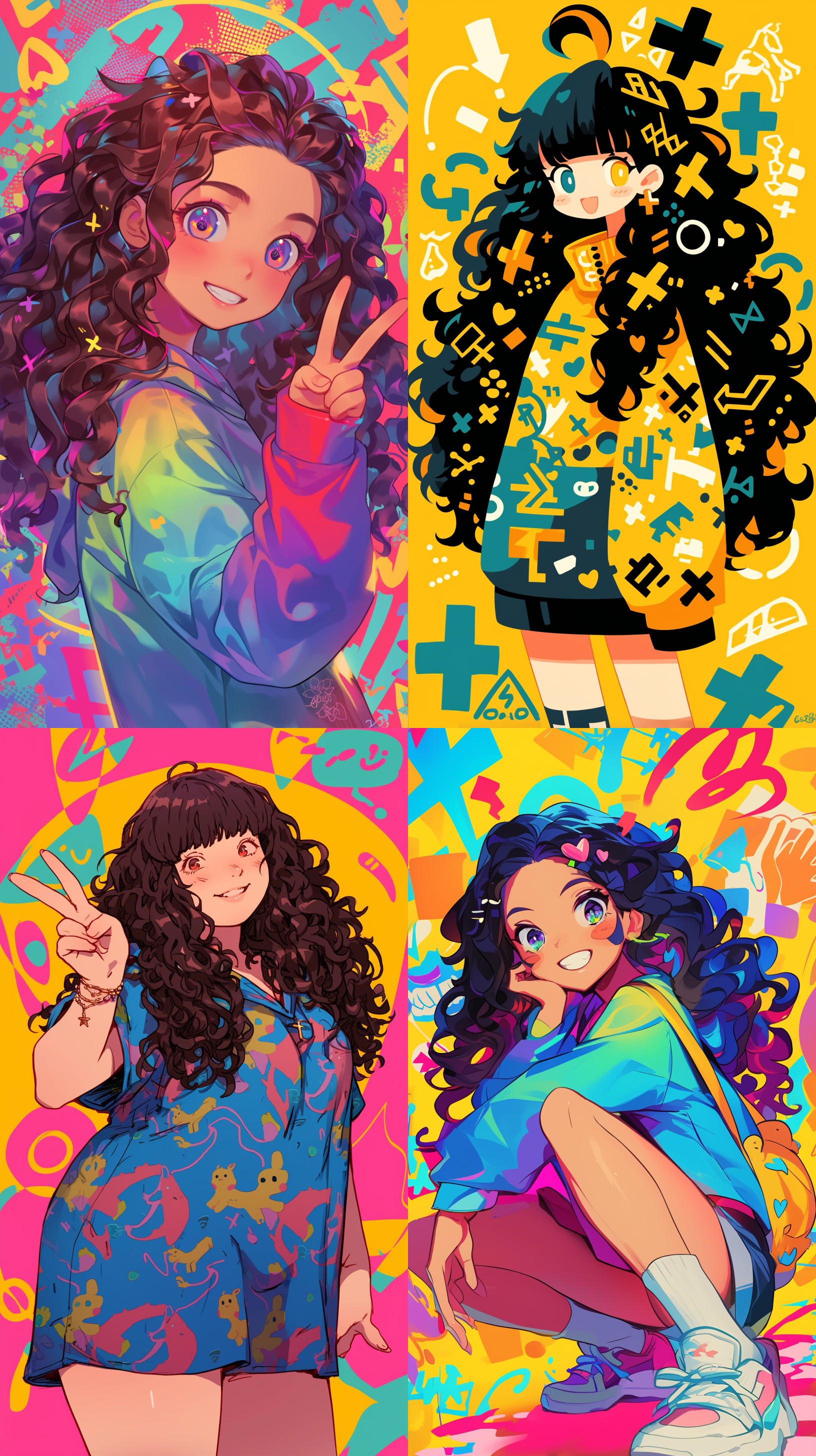 prompt. 可爱女孩，长卷曲头发，耶稣光背景，胖乎乎，开心，全幅可爱涂鸦艺术，keith haring风格，棒人图案，年轻，可爱，拟人化，涂鸦，尖锐插图，鲜明线条，色彩丰富，穿着。