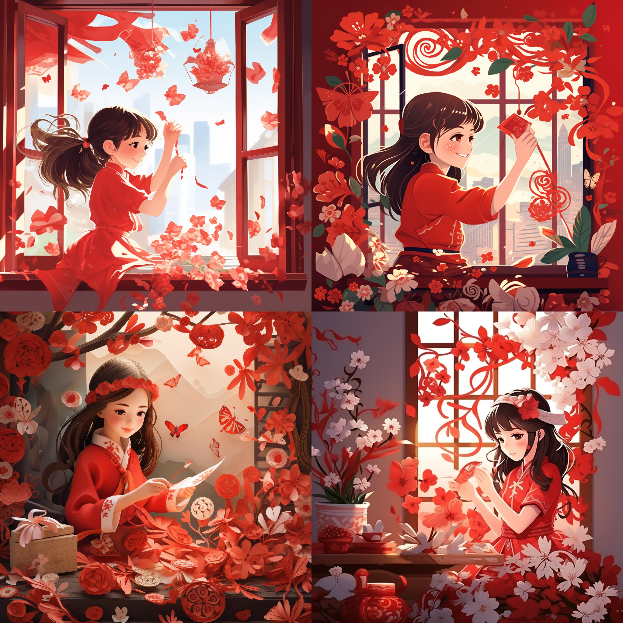 一个可爱甜美的女孩在贴红色的窗花剪纸，春节氛围，热闹喜庆，扁平风，动漫人像 ，卡通，高清画质，细节描绘