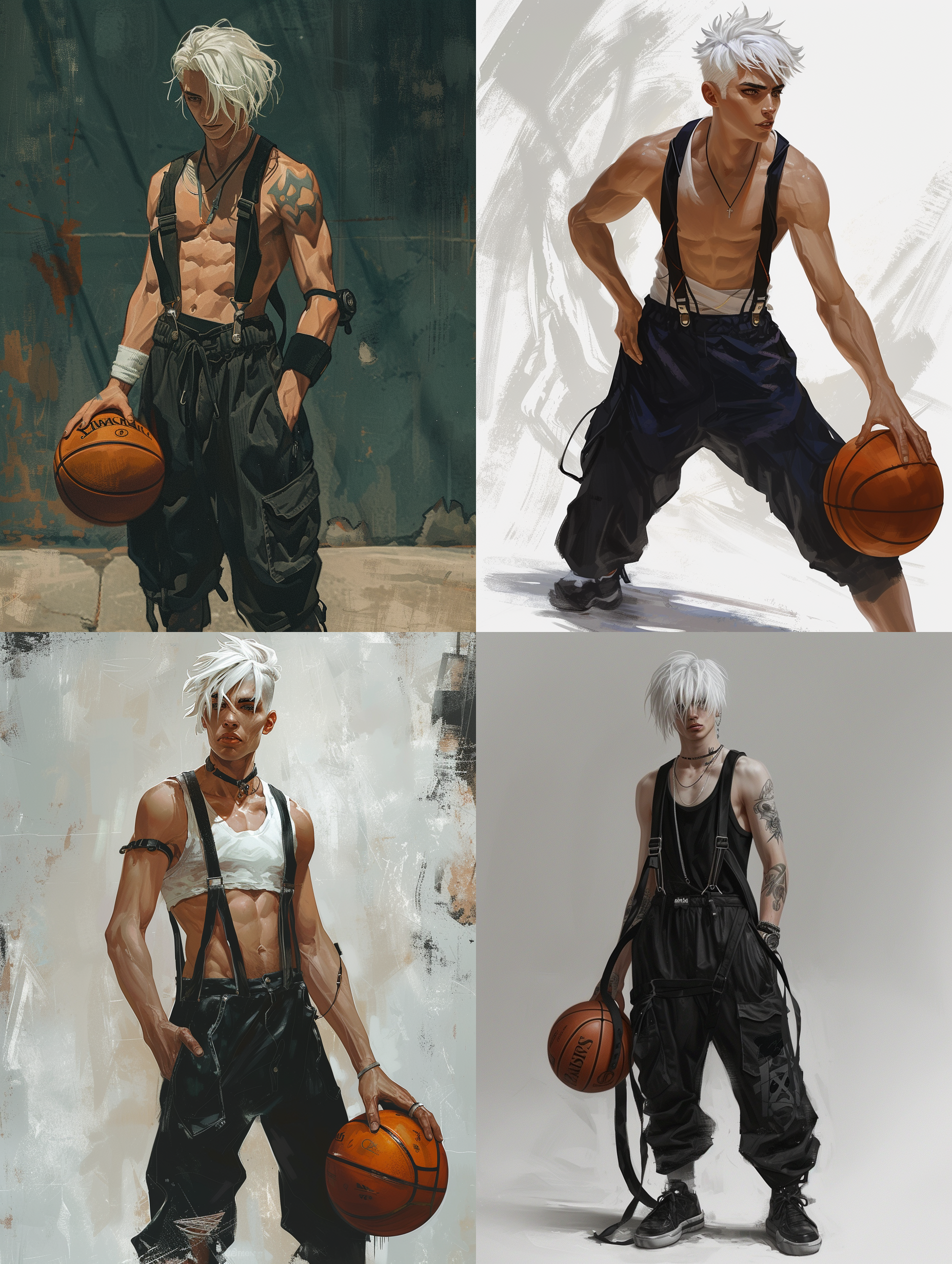 中分头，黑色背带裤，篮球，白发，男生