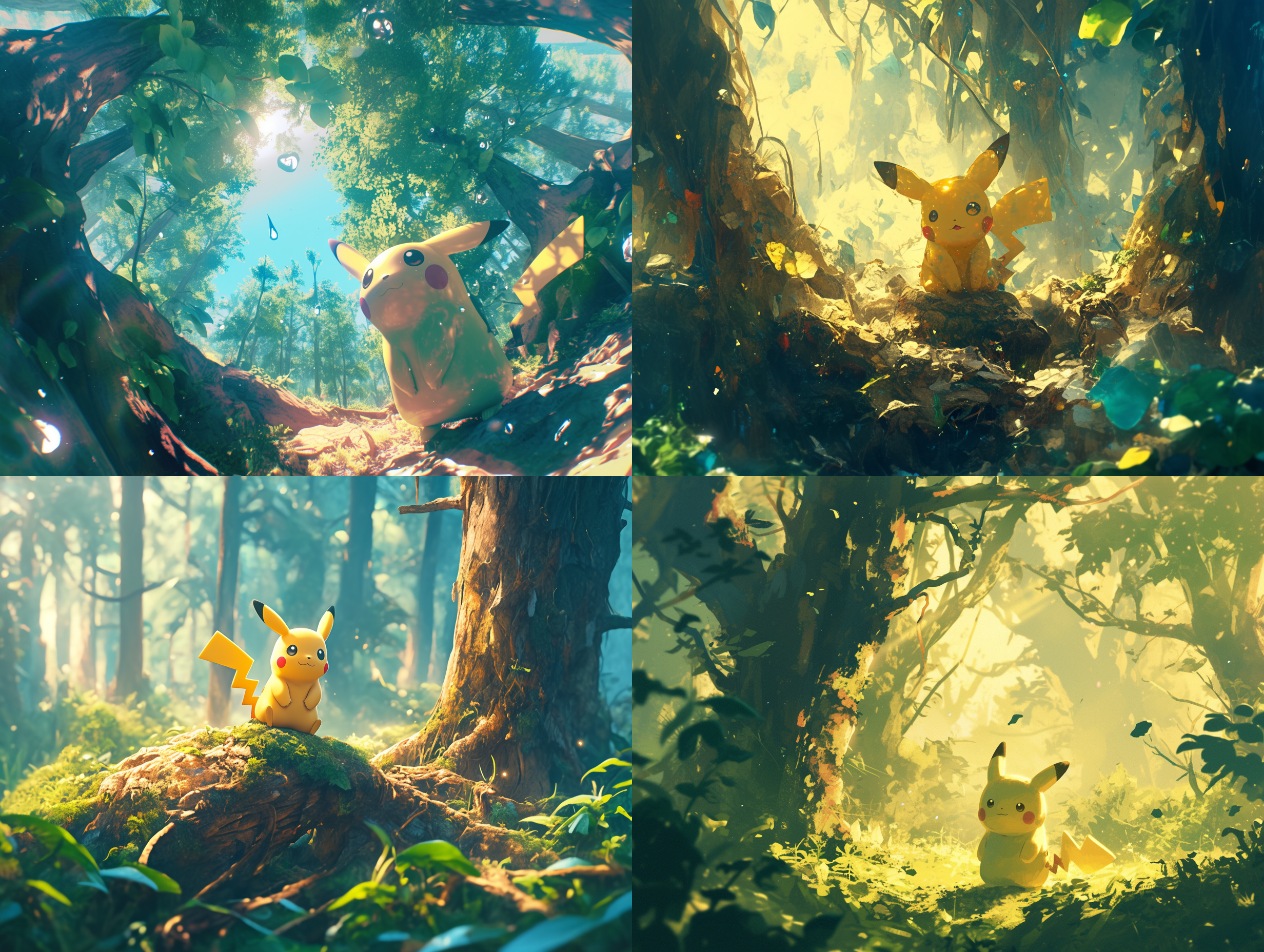 prompt. 比卡丘在森林, 树木环绕, 微风拂过, 针孔摄影, 柔和边缘, 高细节, 自然奇迹, 有机材料, 尼康d75相机。