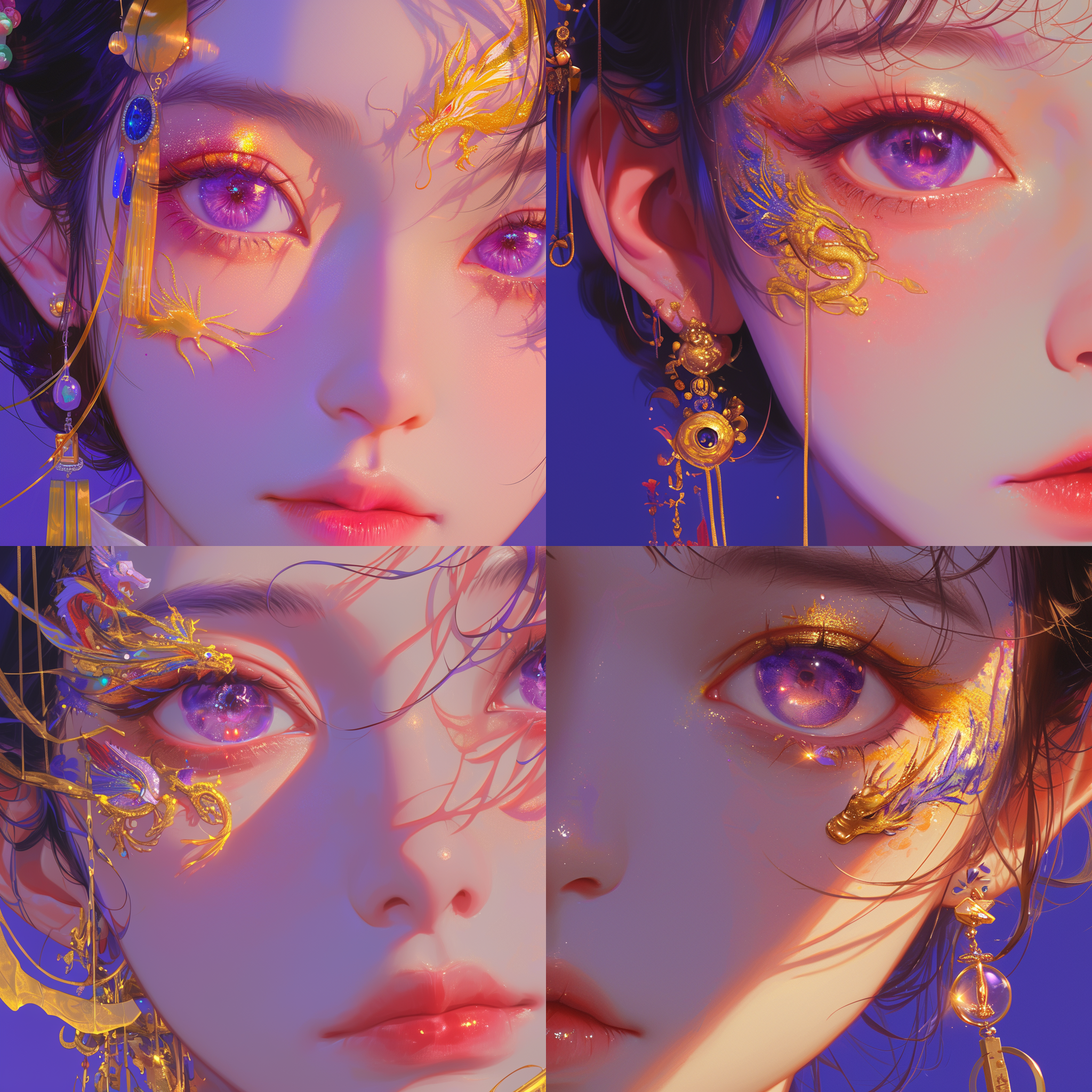 女生肖像画，左脸正视图，左脸极致特写，紫色闪闪发亮的大眼睛，眼影上绘有中国龙或凤凰，釉面金色，珠宝点缀，特写，正面视角，自动对焦镜头，复杂细节，极为逼真，超高分辨率，高清画质，8k，莱卡镜头，视频拍摄，清晰外观设计，最佳杰作，超高亮度。