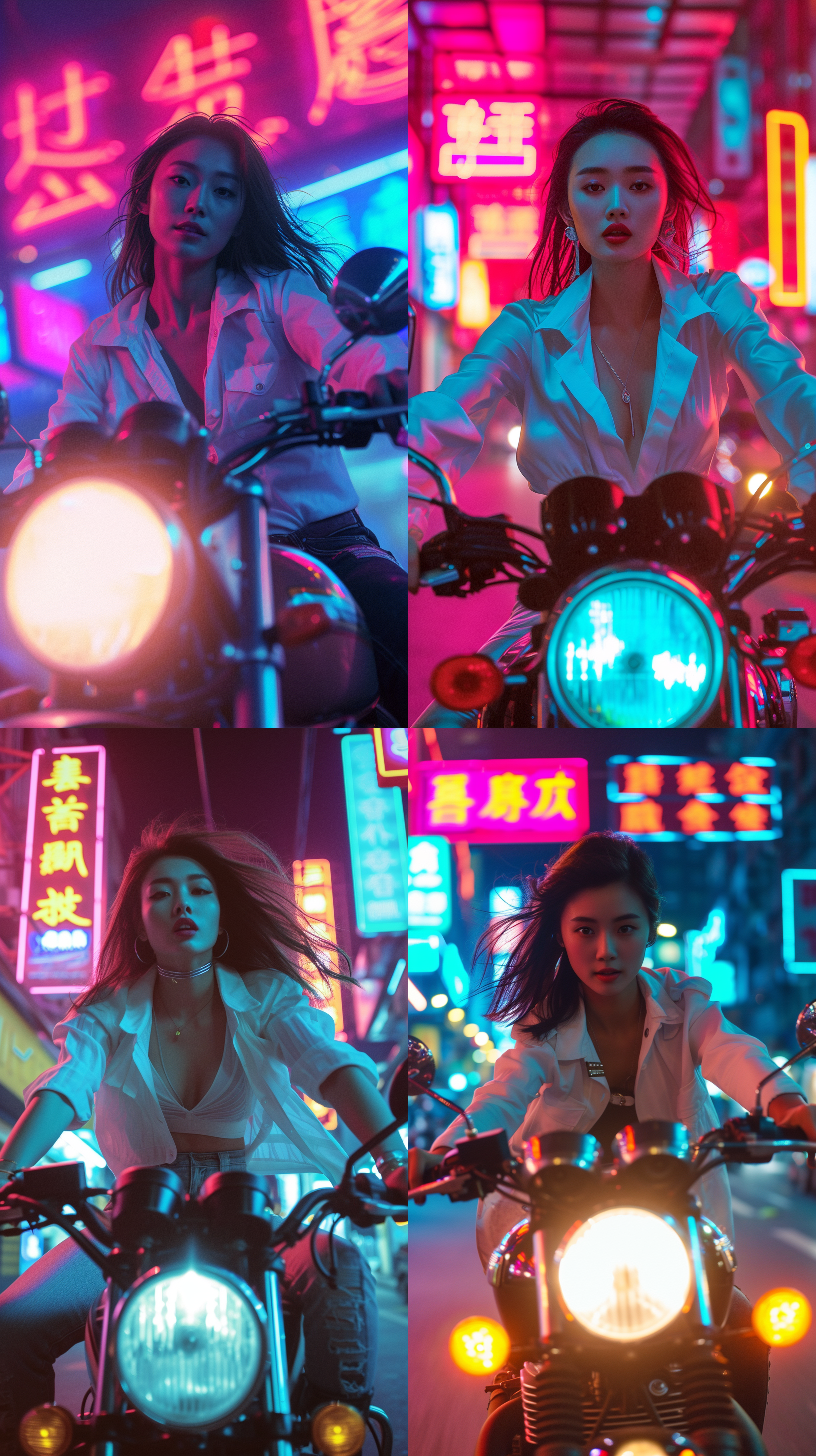 prompt. 骑摩托的中国女性，美女，白衬衫，粗线条，1980s，美式漫画风格，8k，霓虹灯照明，城市街道背景，广角镜头，自信微笑，鲜艳色彩，时尚氛围，拍摄于夜晚，高对比度