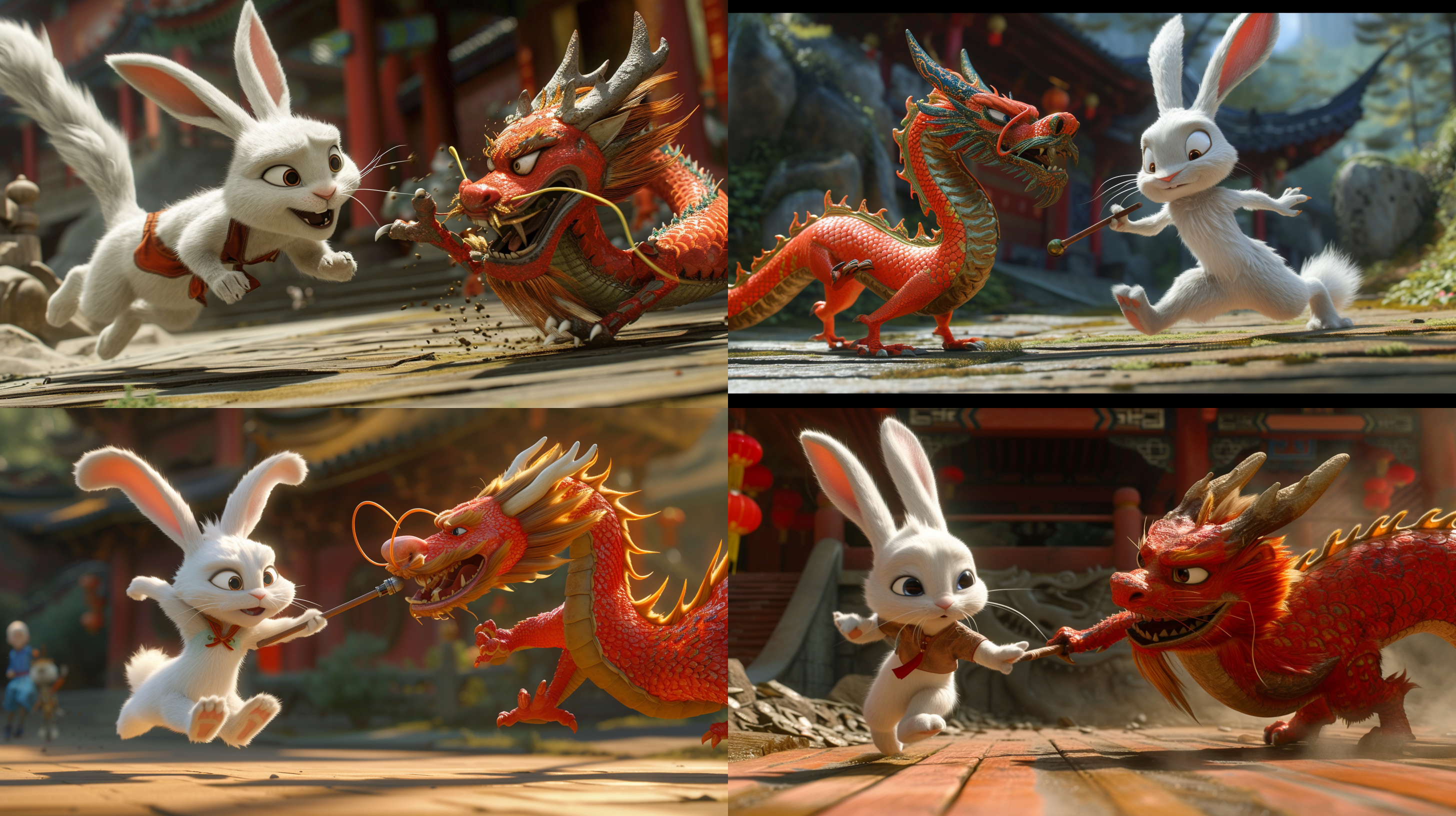 一只奔跑的拟人化白兔正向前递出接力棒，递给一只拟人化的中国龙 清晰 皮克斯风格