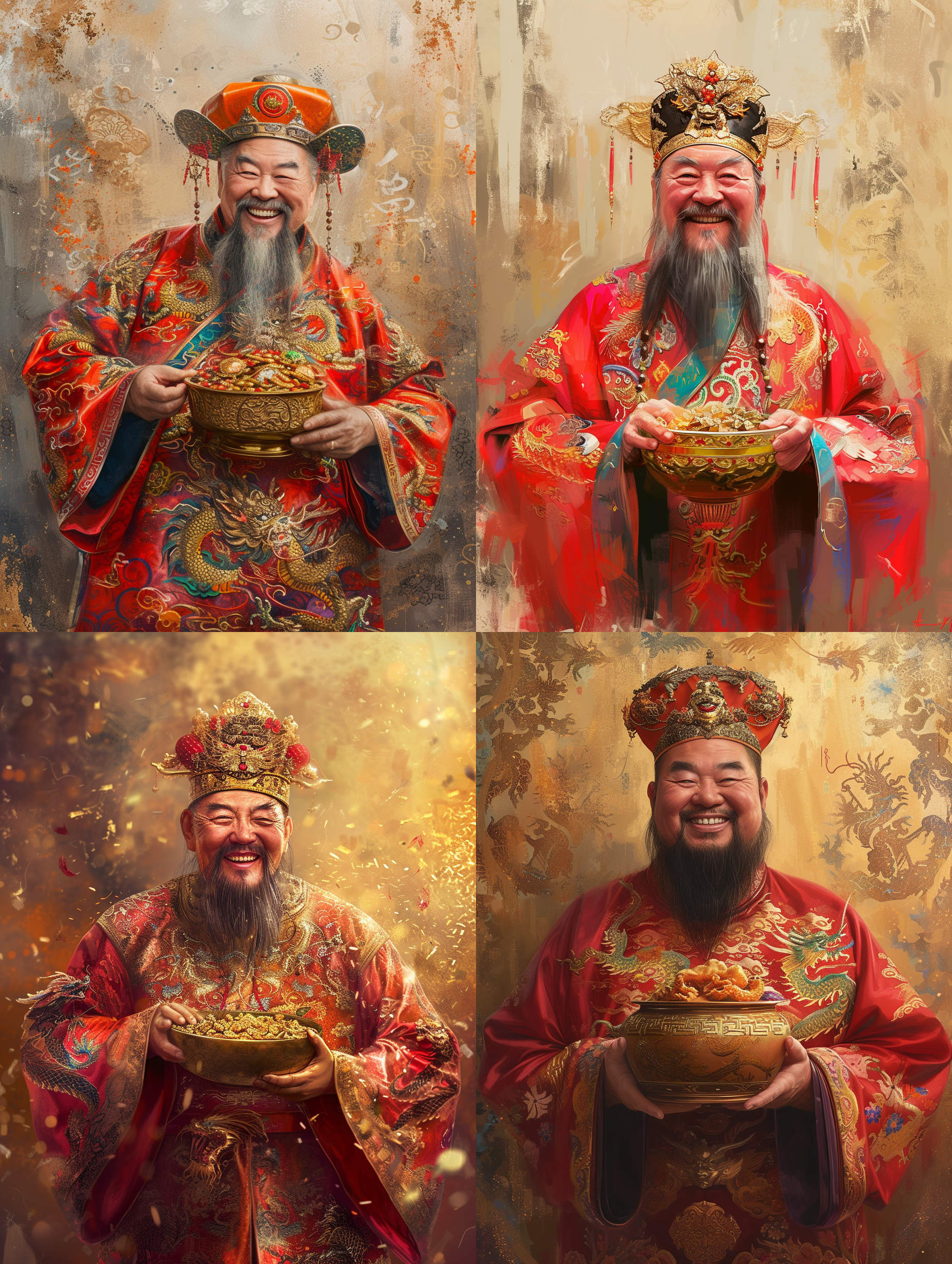 传统中国年画，中国式财神，富态男性，大胡子，全身华丽的纹龙大红袍，头戴古代官帽，脸带笑容，手捧聚宝盆，模糊梦幻金银背景，梦幻引擎，数字渲染，超精细设计，清晰外观设计，莱卡镜头，数字渲染，8k,uhd,视频拍摄，