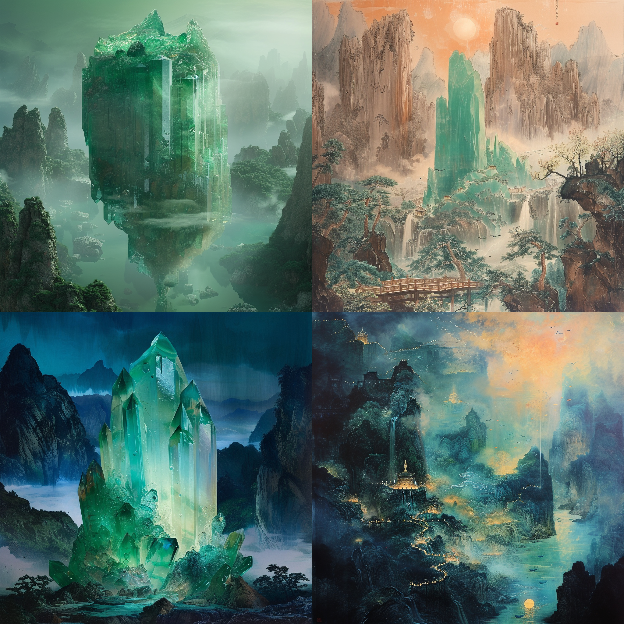 prompt. 山海经里的浮玉山，宝石点缀，仙气缭绕，神秘光影，迷人色彩，全景拍摄，宽广视角，柔和光线，静态构图，神秘，华丽。