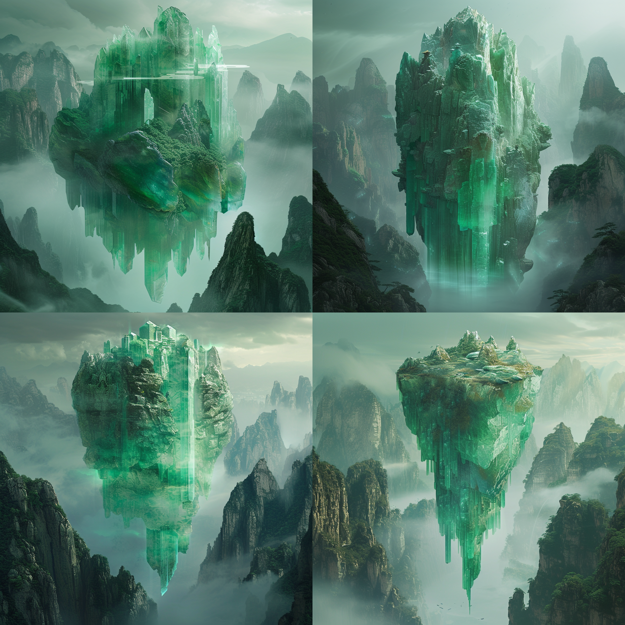 prompt. 山海经里的浮玉山，宝石点缀，仙气缭绕，神秘光影，迷人色彩，全景拍摄，宽广视角，柔和光线，静态构图，神秘，华丽。