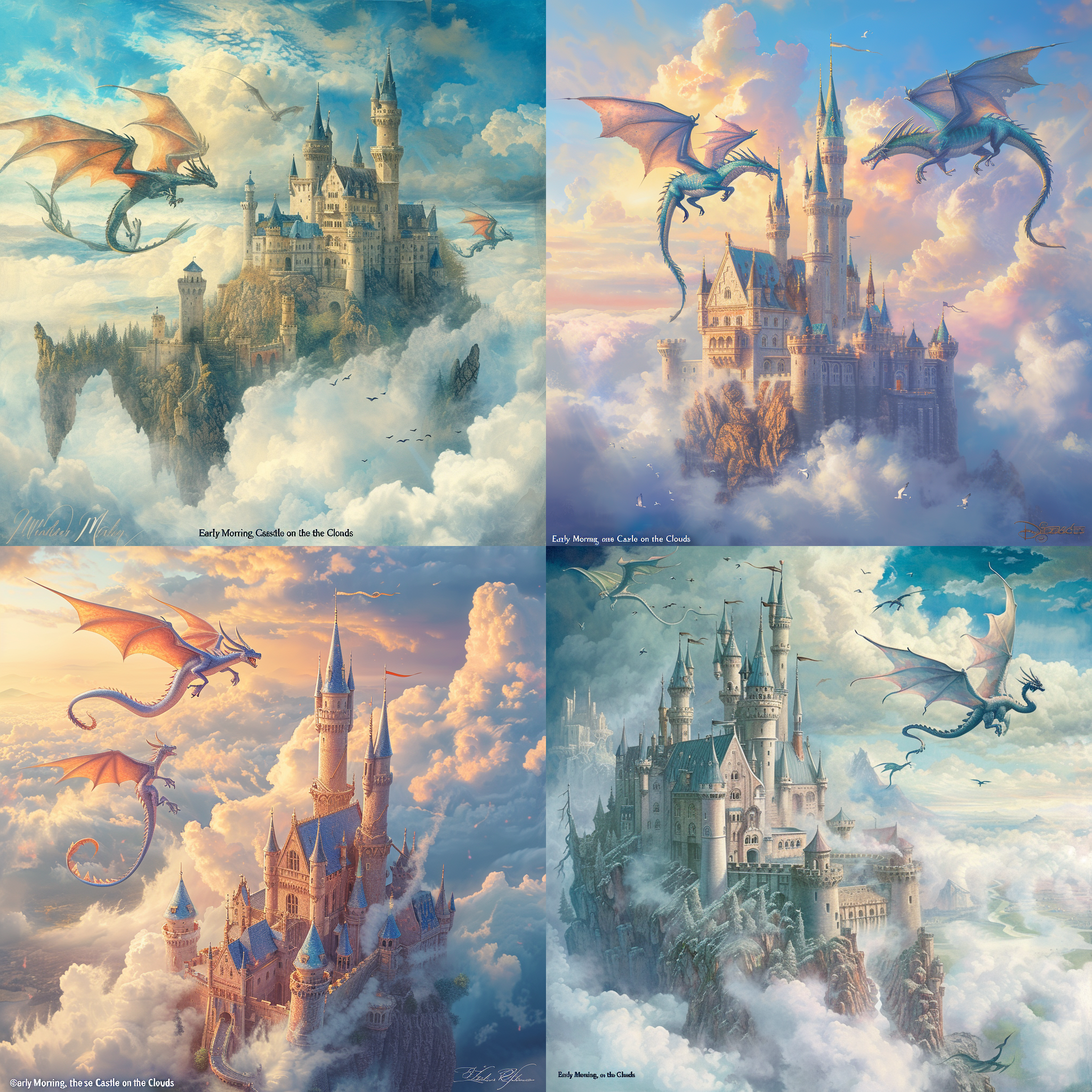 两只动态的卡通玉龙飞天环绕城堡，托马斯·金卡德（thomas kinkade）、古斯塔夫·范德沃斯蒂涅（gustave van de woestijne）的《清晨，云端的玫瑰城堡》（early morning，the rose castle on the clouds）的美丽画作，艺术站趋势，梦幻城堡在云端