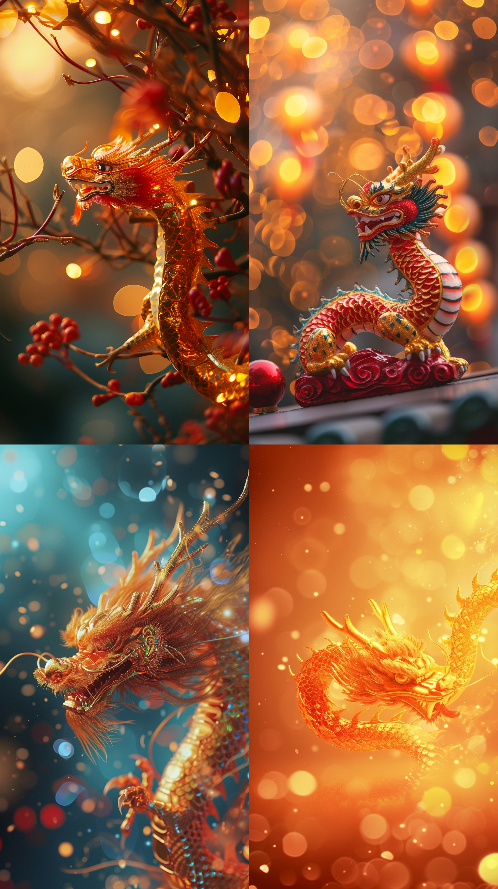 prompt. 龙年贺卡，现代风格，鲜艳色彩，虚化背景，侧光，金色元素，喜庆氛围，传统与现代融合，表达祝福。