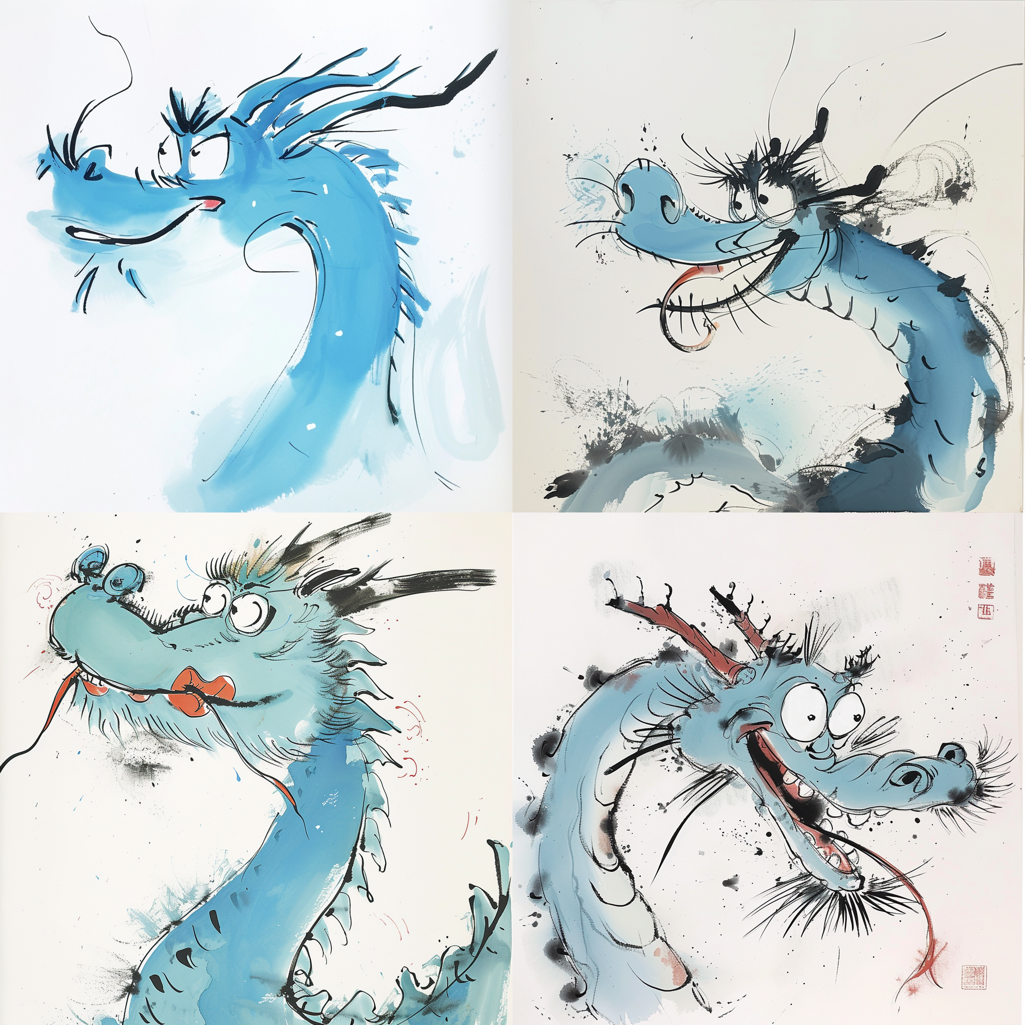 吴冠中绘制的，中国龙动画，非常可爱的龙，卡通，有趣又愚蠢，前视图，浅蓝色，特写头，水墨意境，抽象简单的线条，极简注意，毕加索，高级配色，白色背景，18k，插画风格