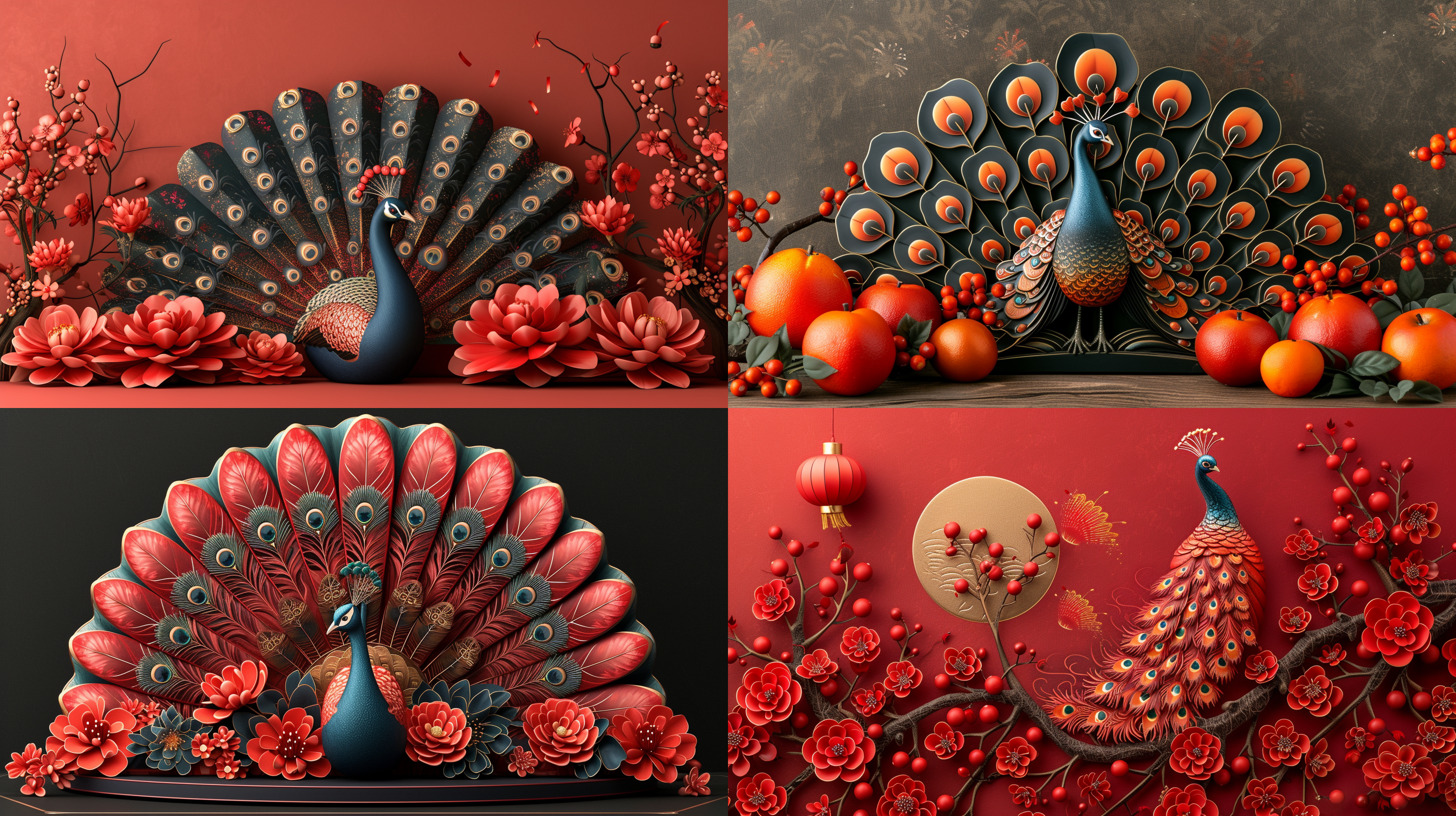 孔雀开屏，半圆形包装，喜庆浓厚，鲜艳饱和色彩，中国国潮风格，烟花点缀，注塑件模具，深受消费者喜爱，氛围欢乐，包装设计。