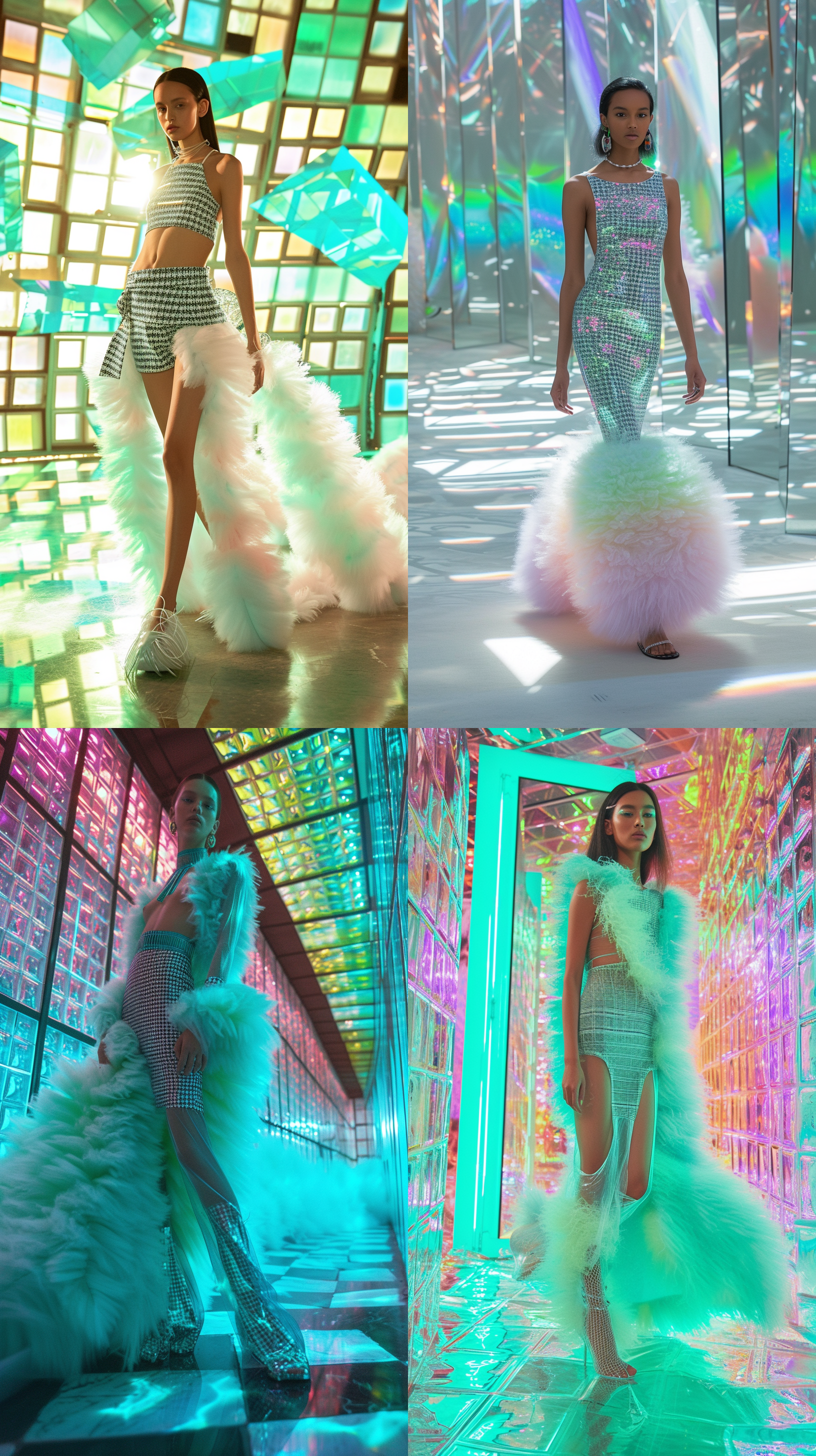 pueto rican model, walking on a runway made of pastel shiny glass, fashion luxury pastel fuzzy, furry, dress, models abs are showing, long pastel blue and green houndstooth skirt, cinematic, shiny glowing pastel stained galss windows in a modern style, art deco,