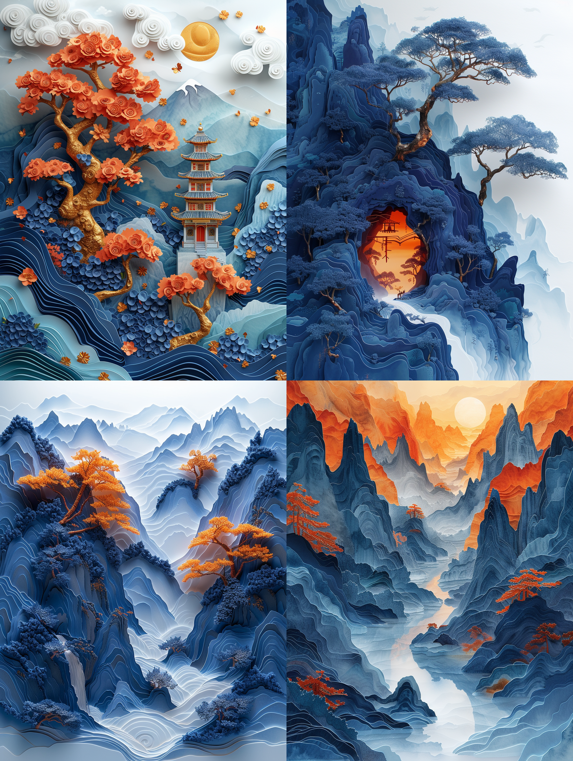 纸艺，中国北方地形的风格，醒目构图，彩色卡能风格，深青色和浅青铜色，雄伟的浪漫主义，瑞士风格，般的象征主义