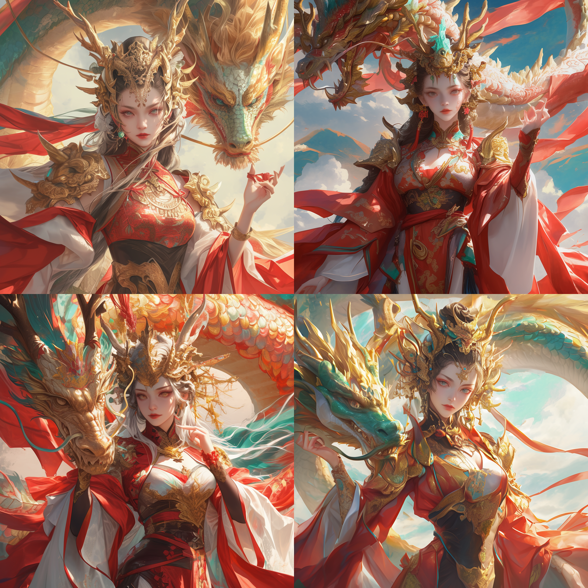 超高分辨率，中国龙女，具有招财纳福属性，穿着龙纹铠甲，身材纤细而有肌肉，线条明显，面部细节，超清渲染，色彩明亮而富丽堂皇，加入细节使画面更生动更真实，电影级画面，图片比例3:4