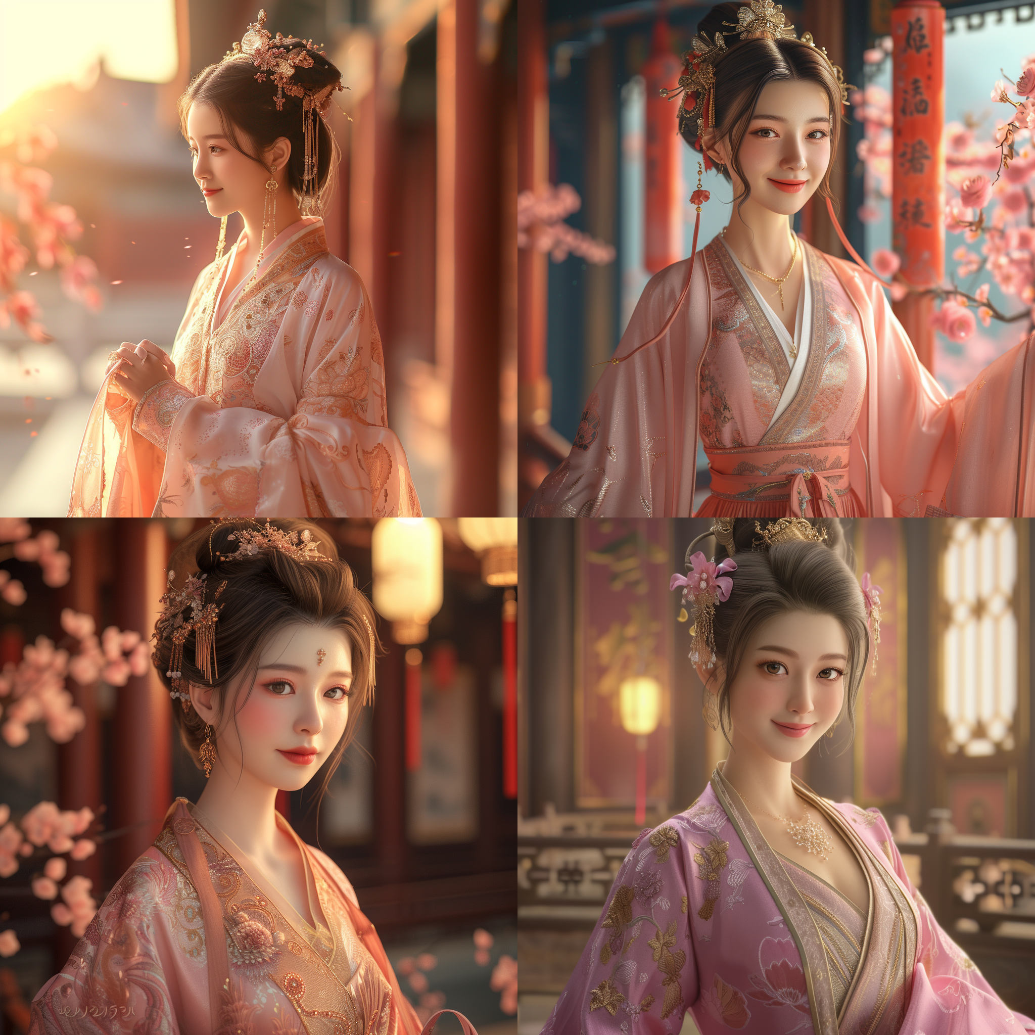 prompt. 东方女性，古装，垂直构图，长焦距，宫殿景色，柔和光线，优雅微笑，粉色调，飘逸姿态，细节服饰，壮丽氛围，浪漫，oc渲染，最高质量，8k。