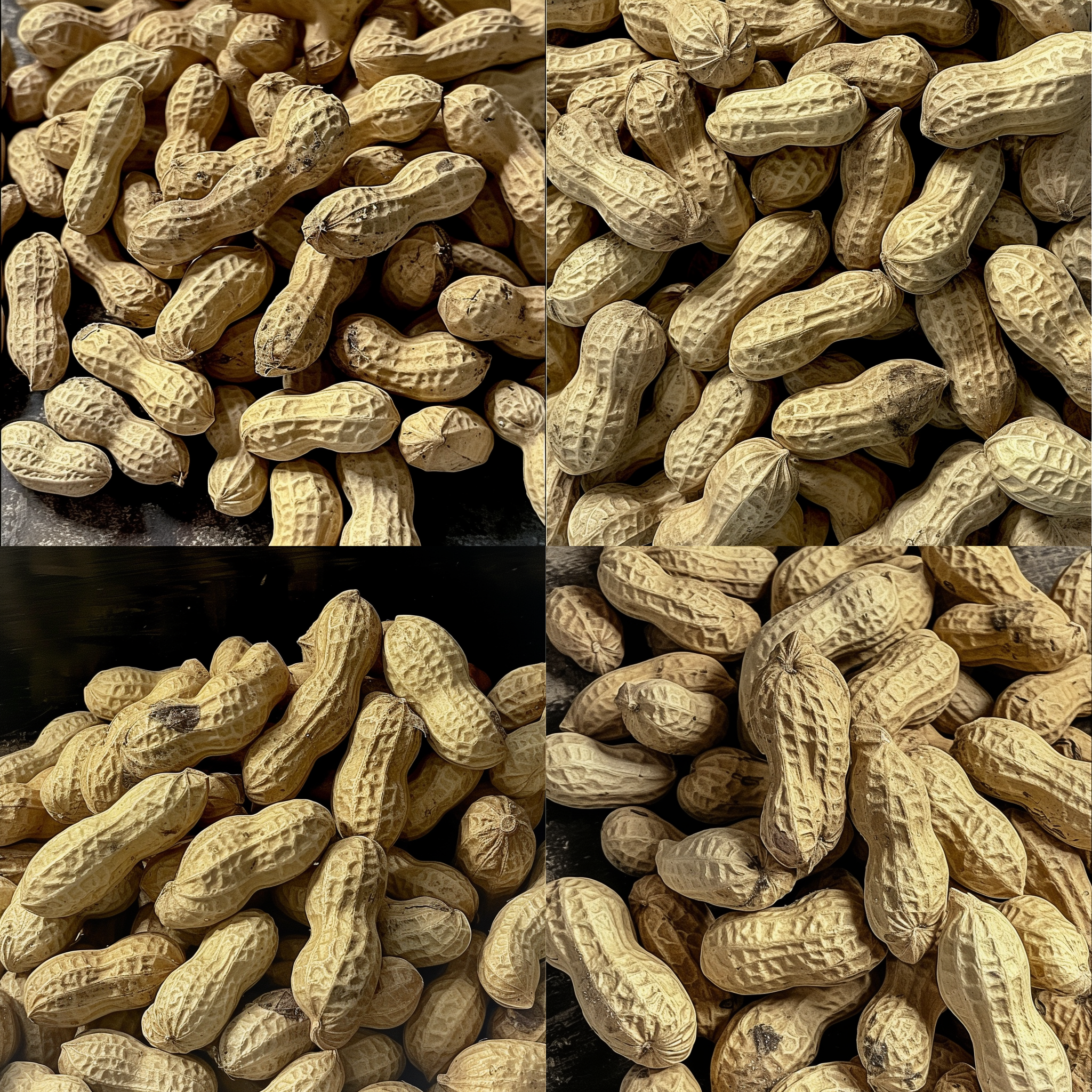 prompt. 带壳花生，丰收景象，深色背景，聚焦在一堆饱满的花生上，透过浓密的阴影和明亮的光线形成强烈的对比，突出花生的质感和颜色。细节清晰，色彩丰富，充满生命力。饱满，丰盈，自然，充实，诱人，光泽，深色调，高饱和度。