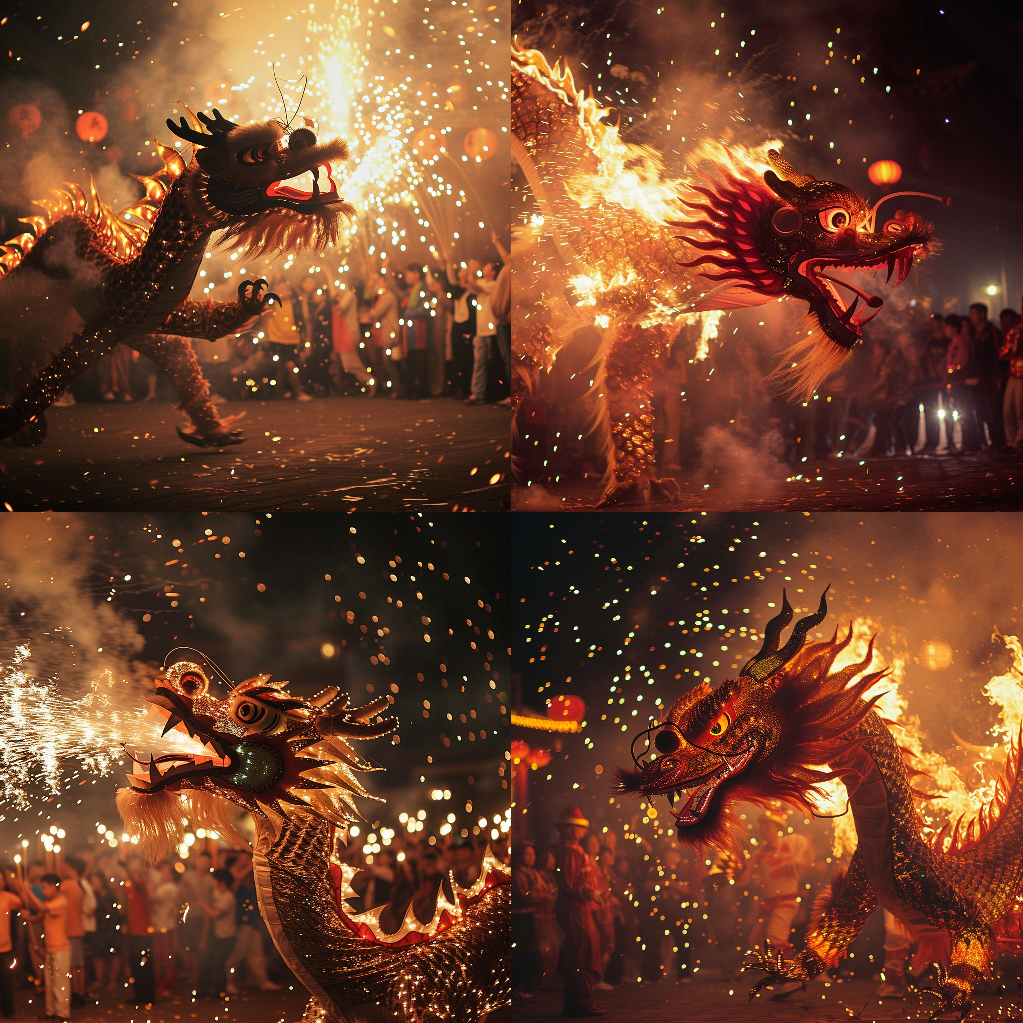 舞火龙，打铁花，元宵，欢乐的氛围，喜庆的颜色，中国龙，很多人，夜景，长焦镜头，烟花，动感，热闹，快门速度快。