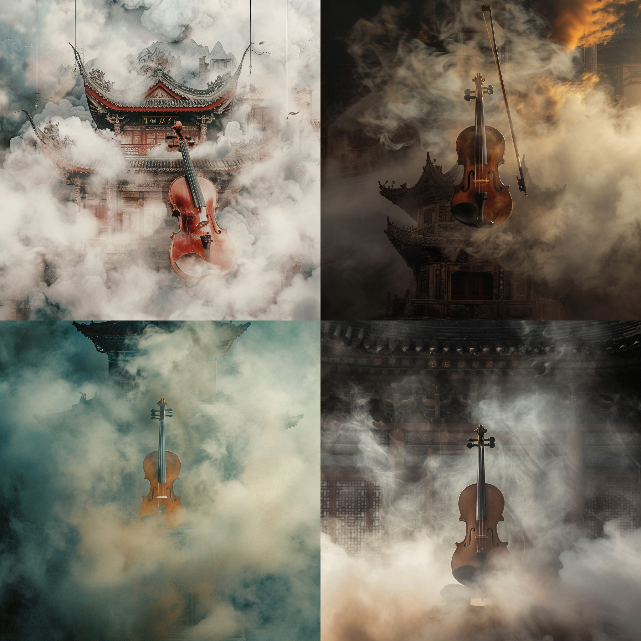 小提琴在云端，烟雾缭绕，中国风元素，低饱和度，神圣，敦煌。