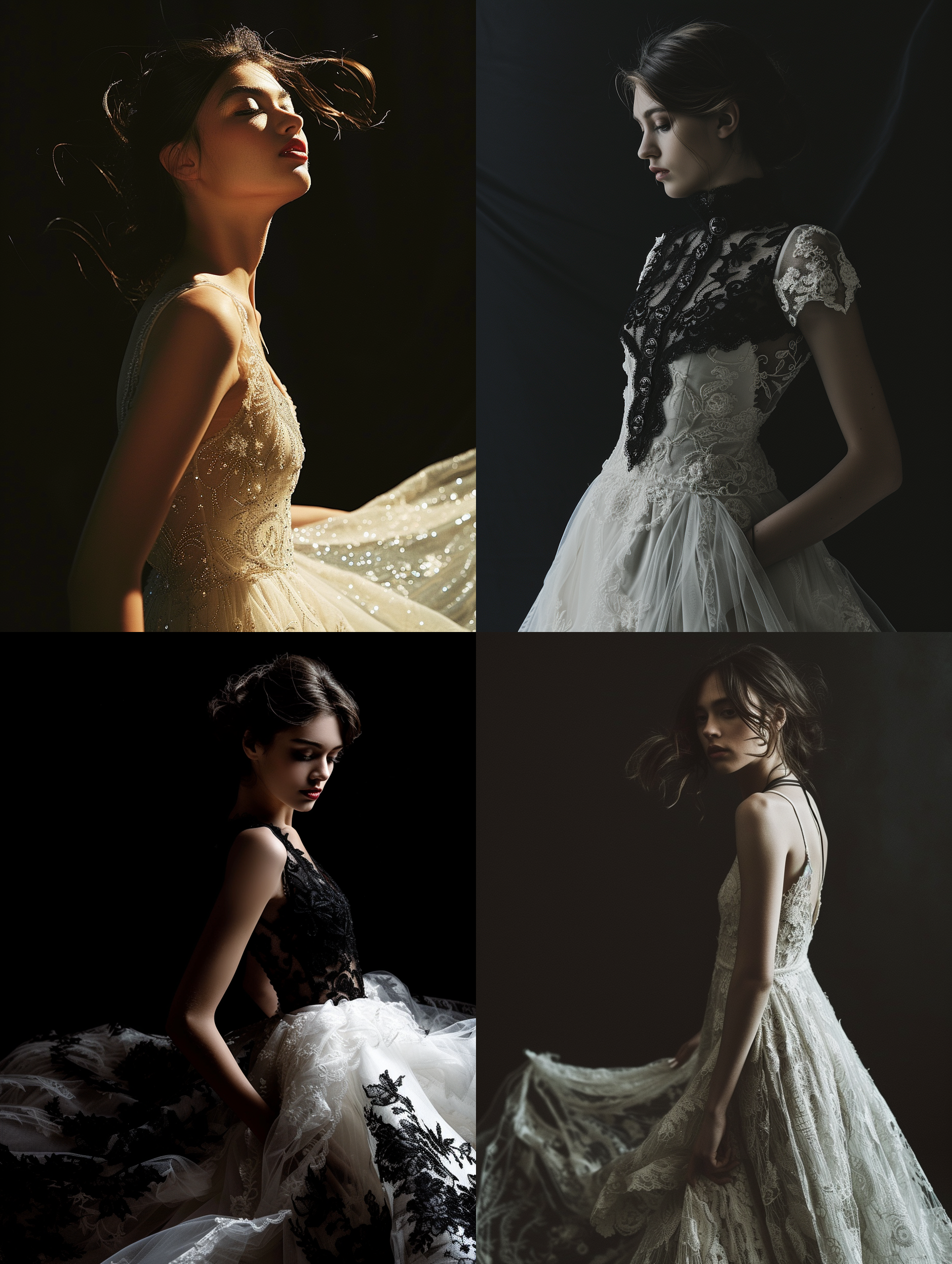 prompt. 女模特穿着高端晚礼服，黑色背景，电影质感，白色礼服，正面视角，细节抓拍，高清晰度，柔和侧光，优雅动作，高饱和度，神秘情绪。