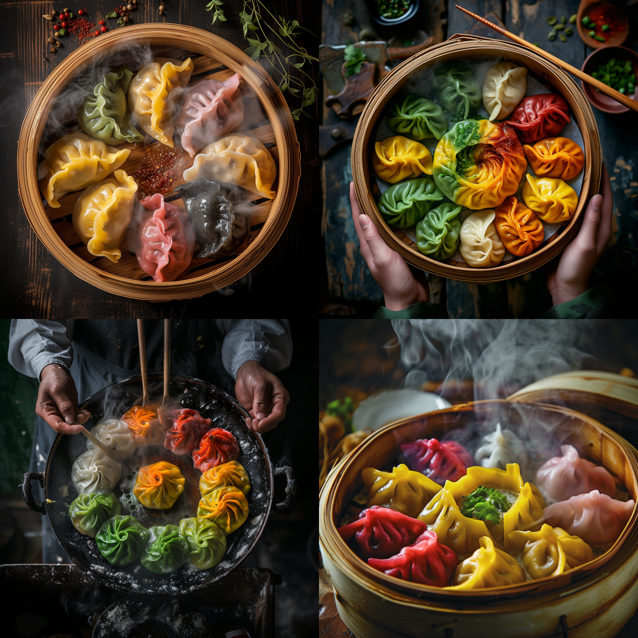 prompt. 五色饺子，俯拍角度，高饱和度，热气腾腾，室内环境，长焦镜头，自然光，搅拌动作，各色饺子完美搭配，丰富的色彩，美食诱惑，满足感。