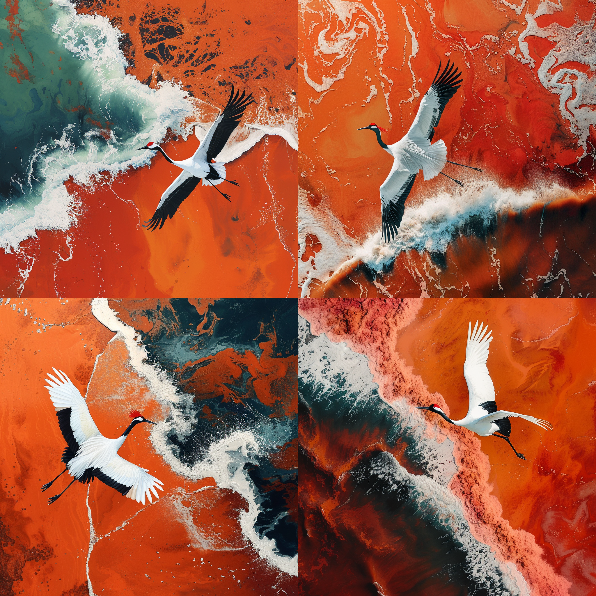 红海滩国家风景廊道，丹顶鹤，国风插画，航拍视角，壁纸风格，细节丰富，远景近景对比，明亮色调，传统元素，宏伟壮观，自然光线，和谐平衡，宁静感，历史底蕴，4k画质。