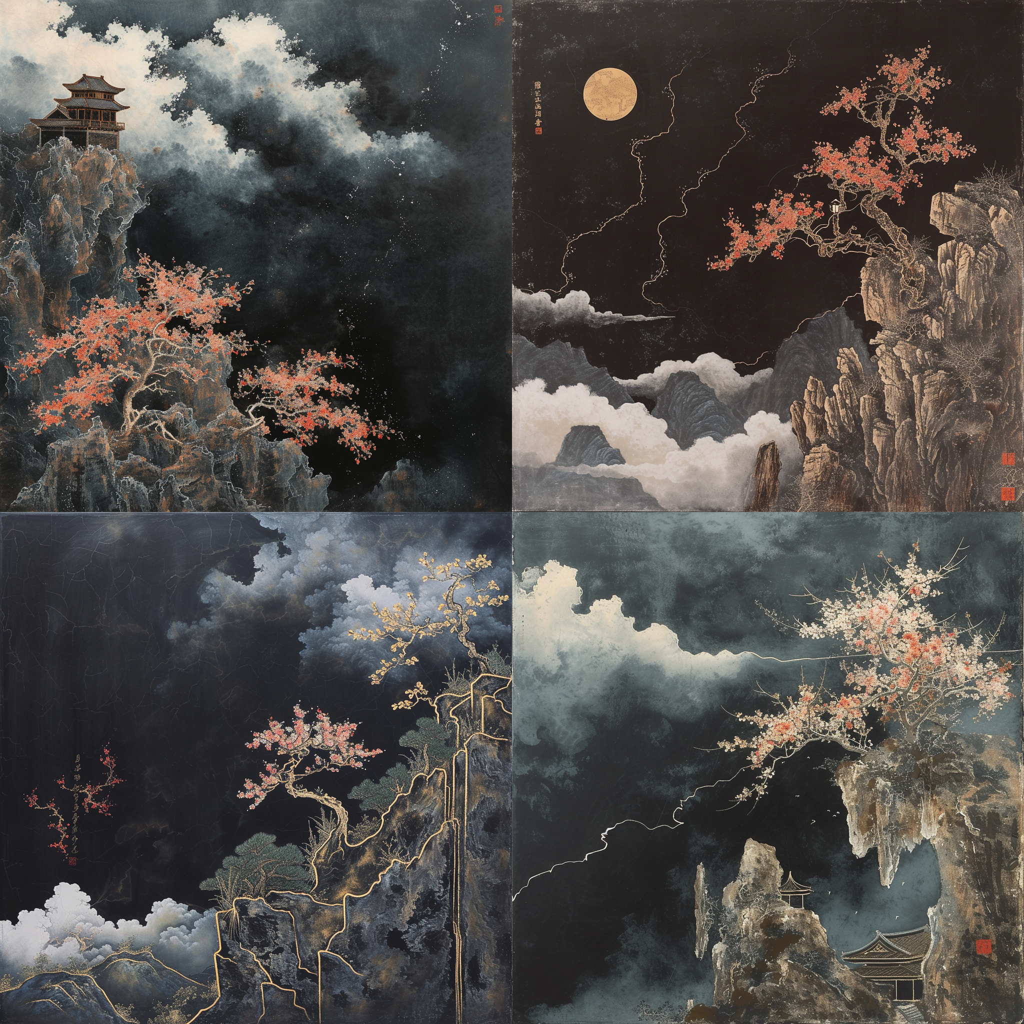  黑板画，国风，简约线条建筑云植物，高级配色，极简，细节清晰，色彩协调