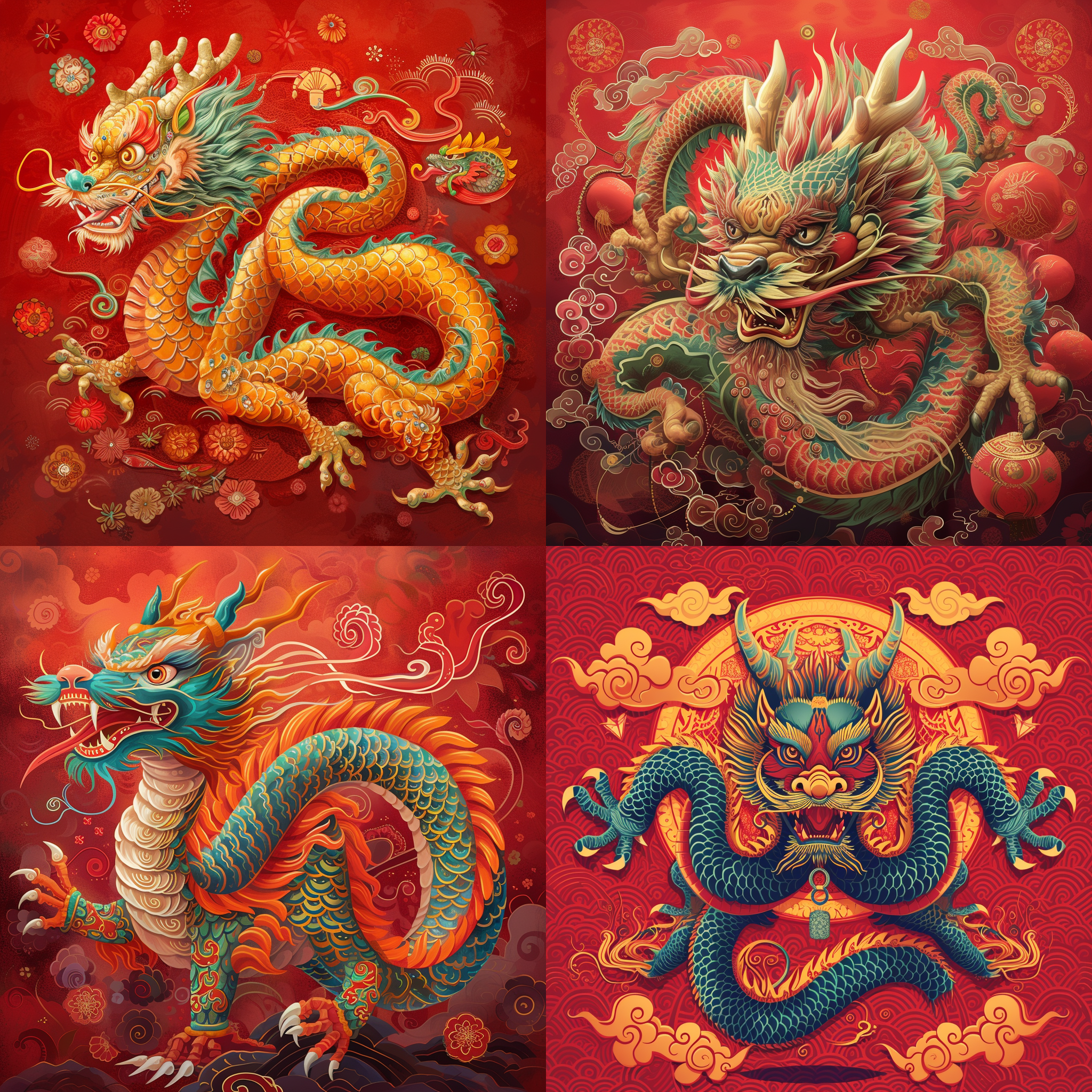 prompt. 中国龙，红色背景，传统元素装饰，宽广的构图，明亮而柔和的光线，细节丰富，眼神友善，龙的爪子摆出v型，喜庆的颜色，欢乐的氛围。